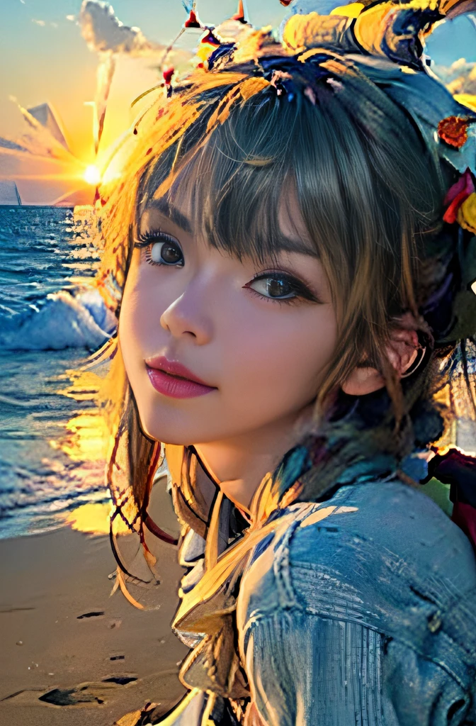 (a female anime character) (sitting on the beach), (modern style), (relaxed expression), (beautiful detailed eyes), (beautiful detailed lips), (longeyelashes), [casual clothing], [sun hat], [sunglasses], [sand between the toes], [cool breeze], (best quality,4k,8k,highres,masterpiece:1.2), ultra-detailed, (realistic,photorealistic,photo-realistic:1.37), HDR, (vibrant colors), beach sunset lighting