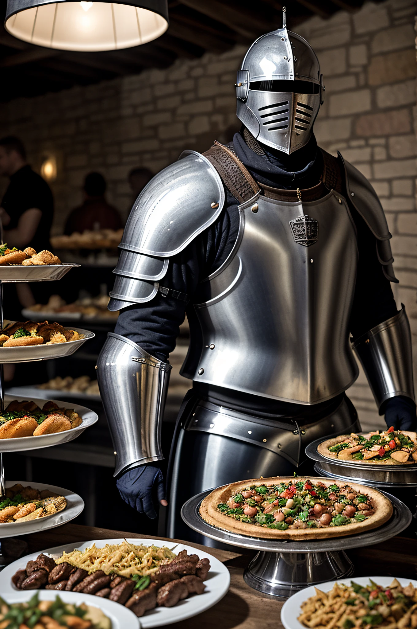 A knight in medieval, chrome armor stands in line at the buffet next to a counter where food is being served. style, (warm hue, warm tone): 1.2), close-up, cinematic light, side lighting, ultra high resolution, best shadow, RAW.