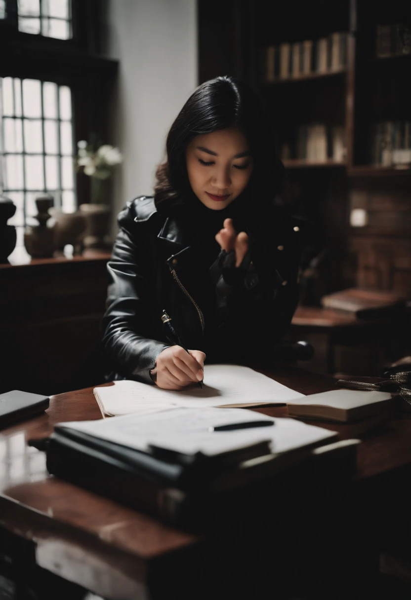 Wearing black leather gloves in both hands, upper body, black leather rider's jacket, facing the desk in the study, looking down and smiling, writing a letter using a fountain pen, black hair long straight, young Japanese woman (black leather gloves cover both hands)