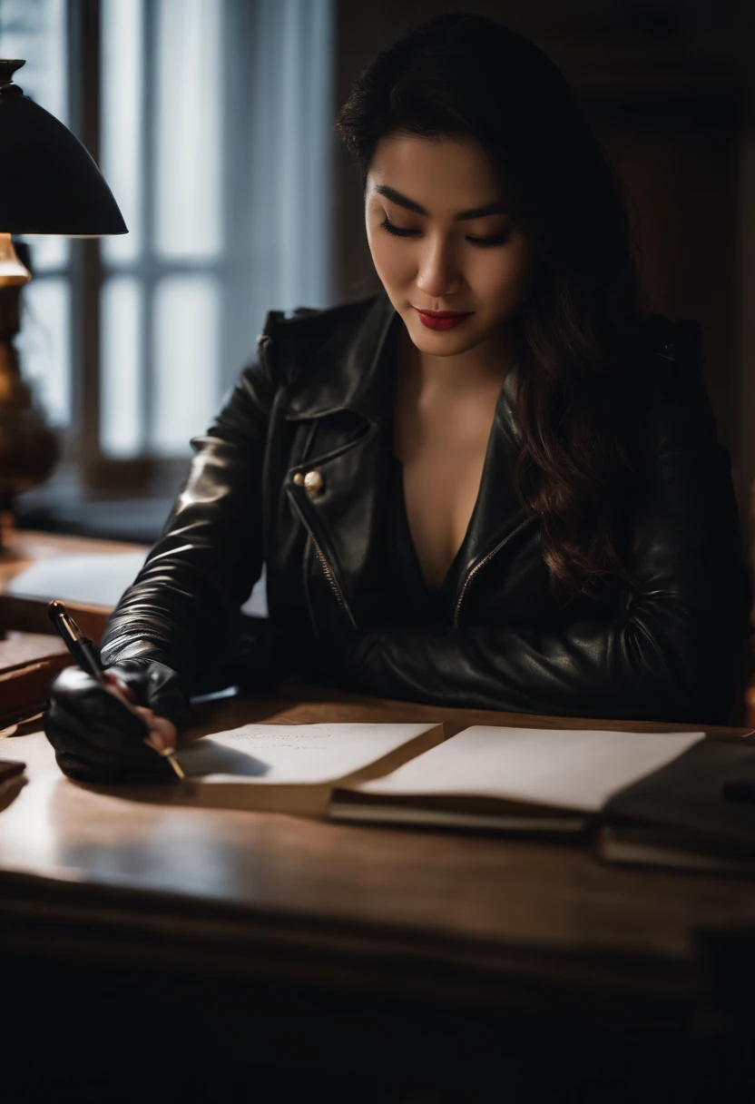 Wearing black leather gloves in both hands, upper body, black leather rider's jacket, facing the desk in the study, looking down and smiling, writing a letter using a fountain pen, black hair long straight, young Japanese woman (black leather gloves cover both hands)