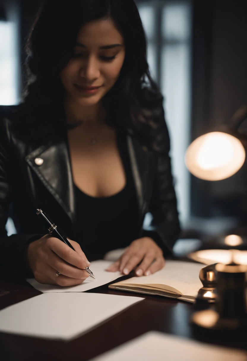 Wearing black leather gloves in both hands, upper body, black leather rider's jacket, facing the desk in the study, looking down and smiling, writing a letter using a fountain pen, black hair long straight, young Japanese woman (black leather gloves cover both hands)