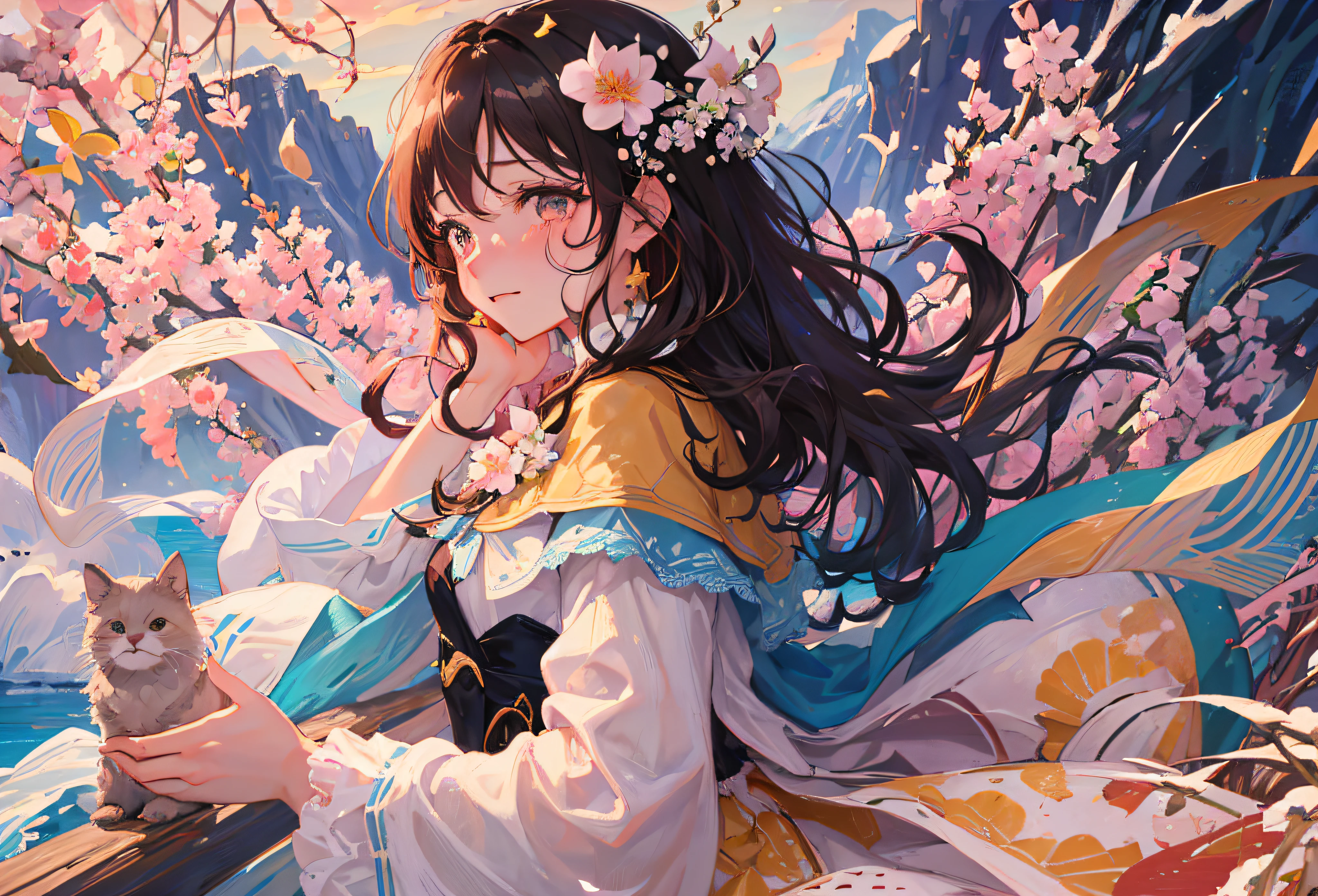 (1girl:1.2), slight blush, hands down, wavy hair, long hair, fluffy hair, black hair, brown eyes, sakura tree, hair flower, capelet, lace trim, bodice, wind, winter, mountain range, mountain sitting near mountain, detailed water, sparkling eyes, light smile, peaceful, extremely detailed, depth of field, cinematic lighting, Ghibli-like colours, high detail, scenery, high place, horizon, wind, wind blow, looking at viewer, ta clothes, 8k, standing on wooden bridge, bokeh, from side, award winning, (masterpiece:1.2), best quality, anatomically correct, perfect hands , sad , cry