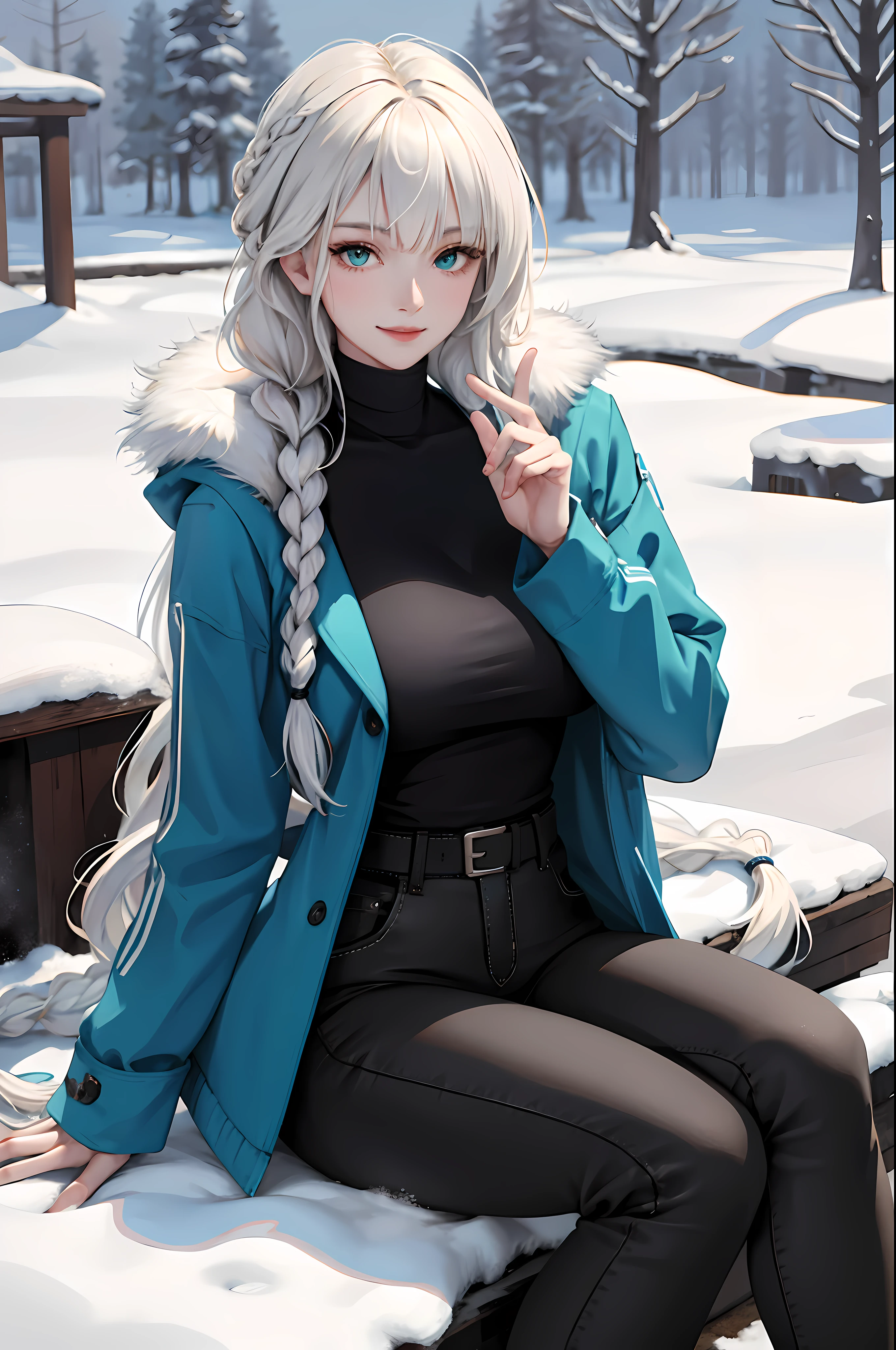 (masterpiece:1.2, best quality), (real picture, intricate details), 1lady, solo, upper body, sitting down, sitting on ground, casual, long hair, minimal makeup, natural fabrics, close-up face, smiling, happy expression, snow, snowing, cold settings, really long light platinum blonde hair, hair in braids, braided long hair, bangs, voluminous hair, green eyes, emerald green eyes, big breasts, big ass, big tits, blue jacket, jacker with fur , white fur, blue jacket with fur, blue jacket white fur, bangs on forehead, Korean bangs, cute bangs, mature face, 1adult, 1 female, 1 woman, thighs, black tight pants, black pants, tight pants, (big tits), (big breasts).