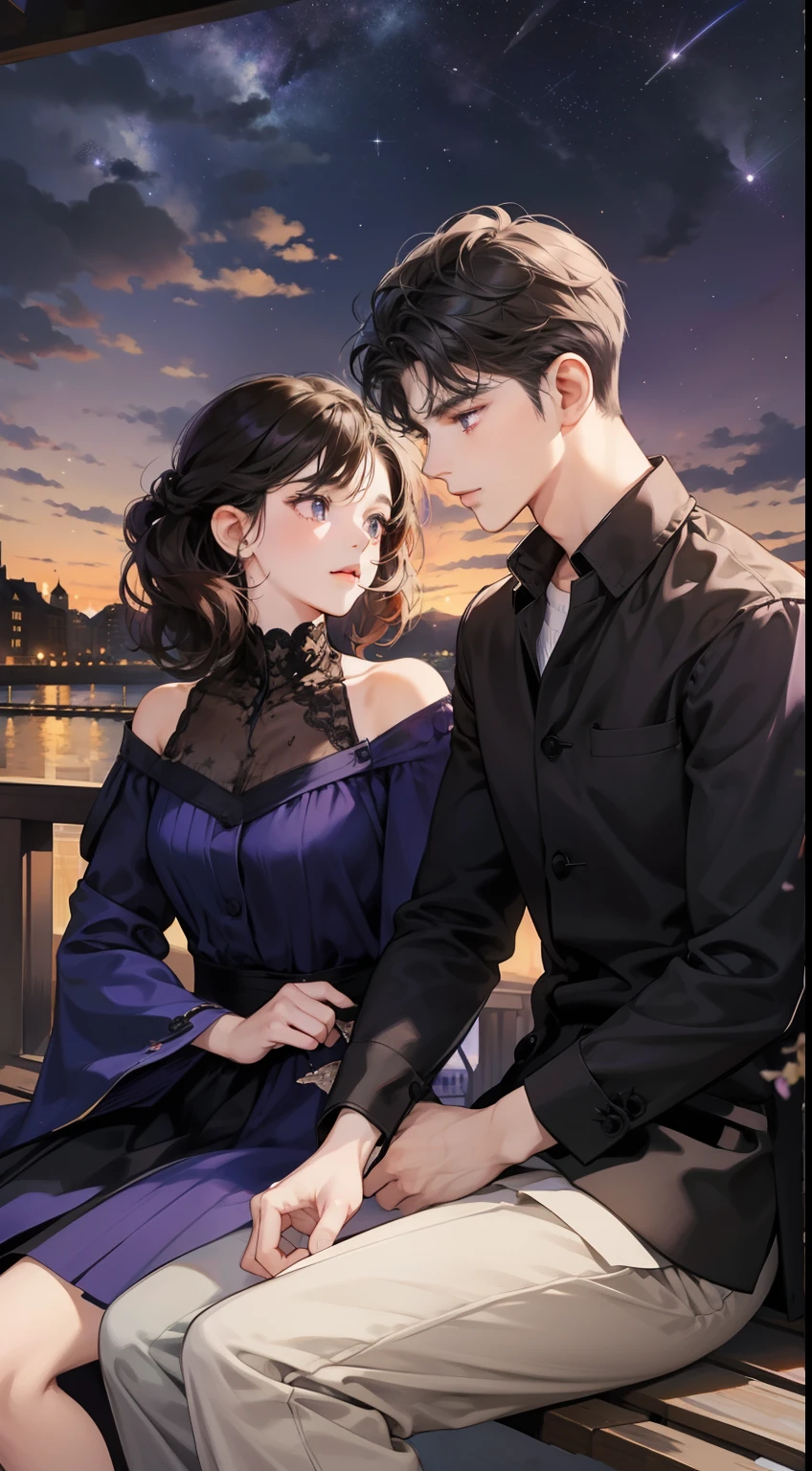 couple, (masterpiece), 1 girl 1 boy, different hair color, black hair with french twist and purple eyes, short dark brown hair and grey eyes, face to face, romantic, outdoor, under the starry sky, night, sitting down, 25 years old