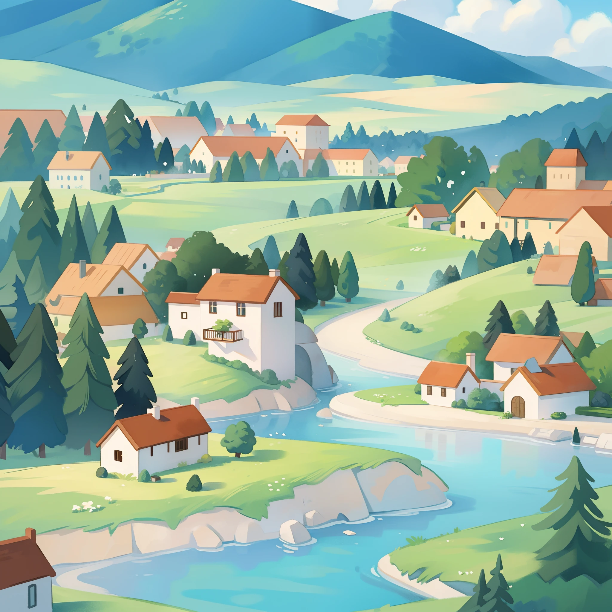 fantasy landscape, watercolor illustration, whimsical, warm colors, fairytale village, houses, ((masterpiece)), highly detailed environment