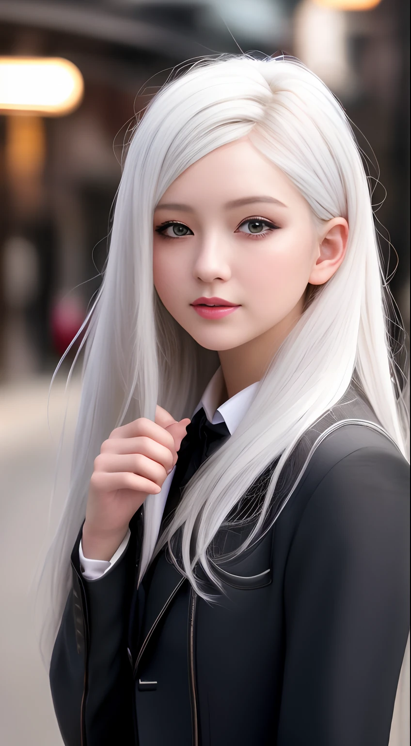 best quality, masterpiece, 1girl, Beautiful face, (white hair), (photo realistic:1.3), rim lighting, (high detailed skin:1.2), 8k uhd, dslr, high quality, high resolution, 4k, 8k, Bokeh, absurdres, best ratio four finger and one thumb, (realistic:1.3), ulzzang, cute kawaii 1girl, wearing blazer,