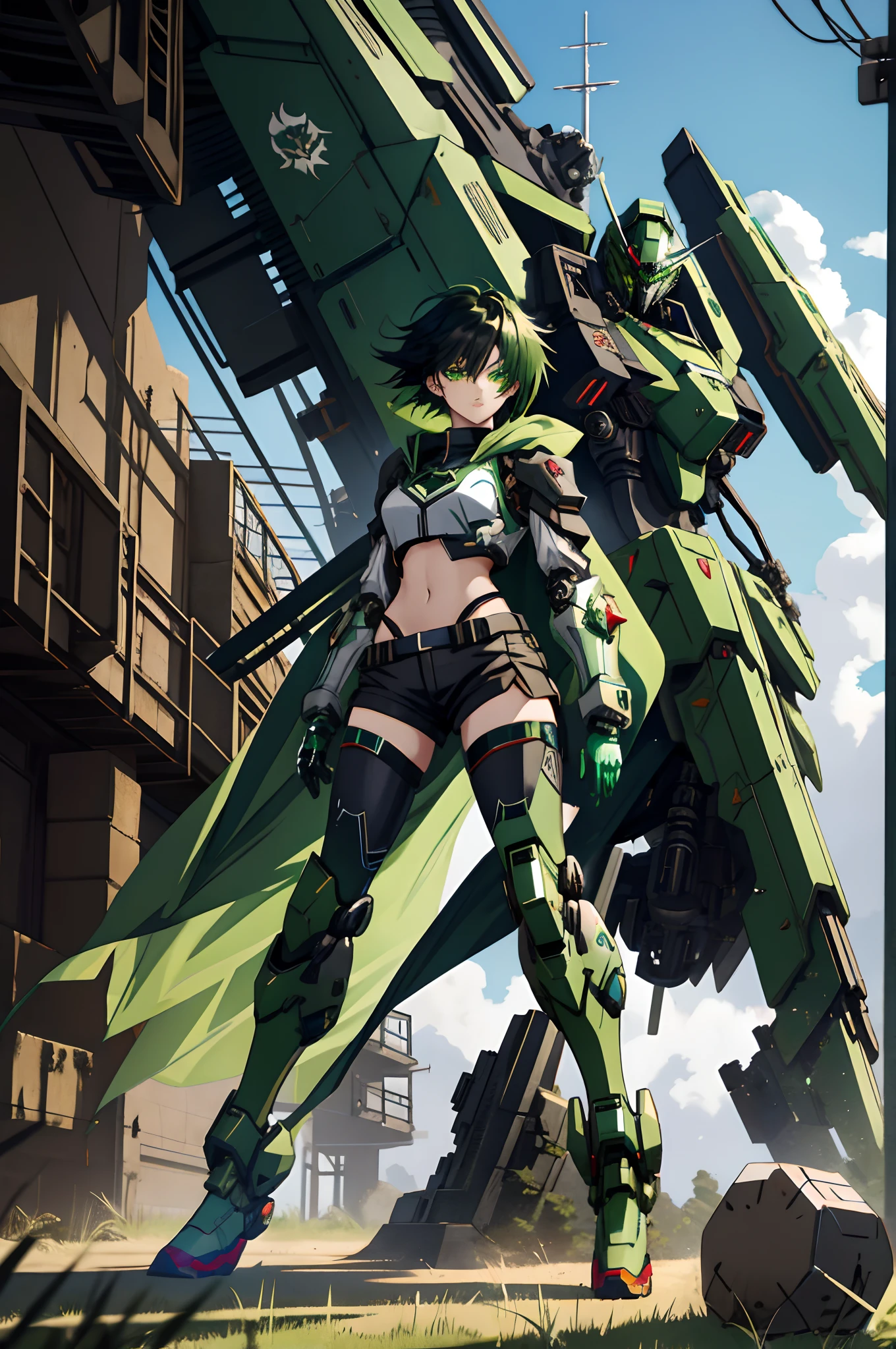 Anime girl standing on the ground，Black cape and green hair, rogue anime girl, the anime girl is crouching, Wearing a cloak on the blasted plain, asuka suit under clothes!, holy cyborg necromancer girl, badass posture, mechanic punk outfit, anime styled 3d, render of a cute 3d anime girl, gapmoe yandere grimdark, Female character，musculature，Glowing green eyes，Black hair with green gradient，short detailed hair，Bunched hair，Dull hair，（1.5）Tomboyish，Be red in the face，looking at viewert，There was a mech next to her，One-eyed mech，The mech extends its shield to protect her，Round shield，Humanoid mech，Elaborate Eyes，The left leg is mechanical，Combat posture，Green bandeau，Black hot pants，Tall girls，By mecha，Mermaid line，huge tit，1.5