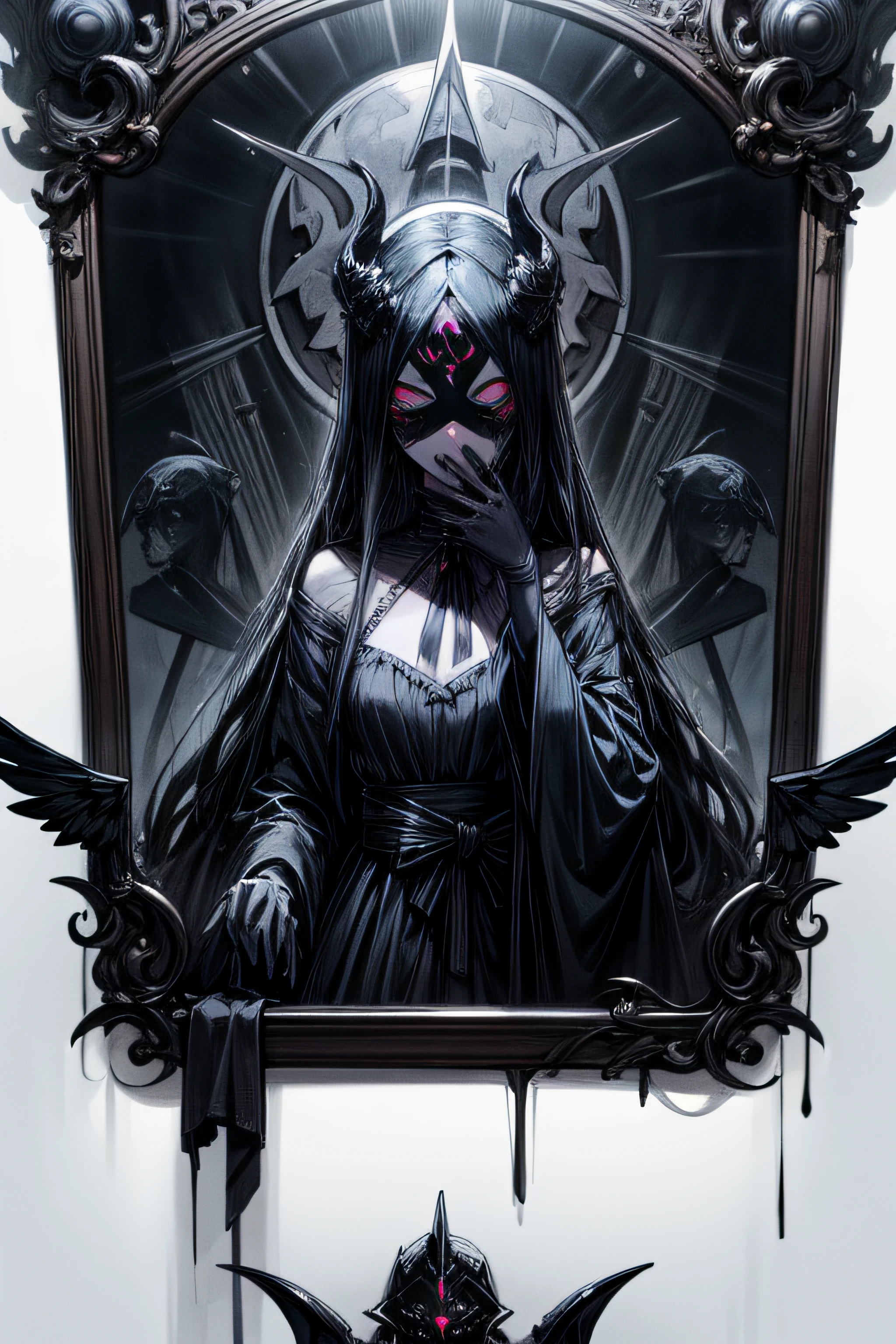 A cultist woman wearing a mirror masquerade mask, A black robe, un estilete en la mano y perfora la otra mano, The demon in the mirror devours the body of the cultist through the mask, An obsidian mirror appears behind and a mirror demon strikes it from the inside., alto realismo, High detail. The devil has pale and slippery skin, extremidades largas con garras, una boca grande con muchos dientes afilados y una lengua larga que cuelga de la boca. el cuerpo es delgado, Las costillas son visibles, Hundreds of little black eyes. Tiene una altura de 2 metros,Estilo Black Souls, Clear lines, bosquejo, sombreado.