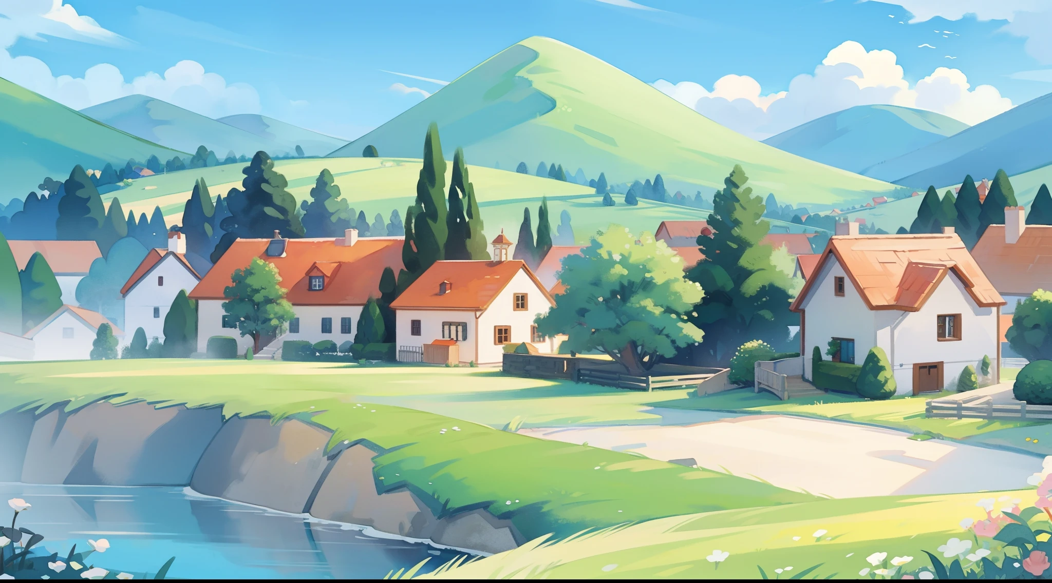 fantasy landscape, watercolor illustration, whimsical, warm colors, fairytale village, houses, ((masterpiece)), highly detailed environment
