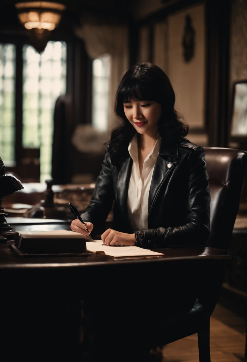 Wearing black leather gloves in both hands, upper body, black leather rider's jacket, facing the desk in the study, looking down and smiling, writing a letter using a fountain pen, black hair long straight, young Japanese woman (black leather gloves cover both hands)