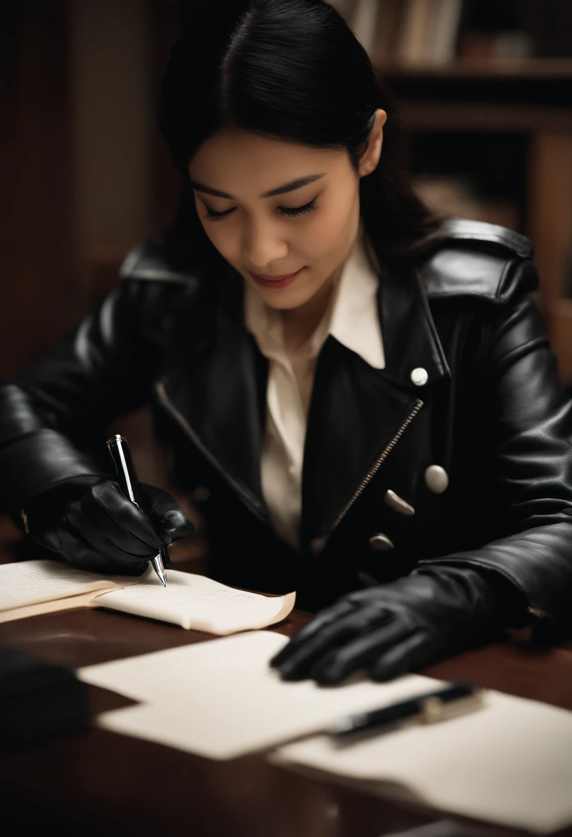 Wearing black leather gloves in both hands, upper body, black leather rider's jacket, facing the desk in the study, looking down and smiling, writing a letter using a fountain pen, black hair long straight, young Japanese woman (black leather gloves cover both hands)