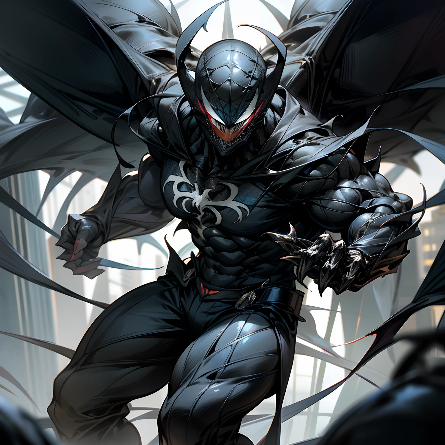 "Depiction of the awesome Venom Spider-Man symbiote fusing with a powerful and muscular cyborg, Show their charming and powerful presence."