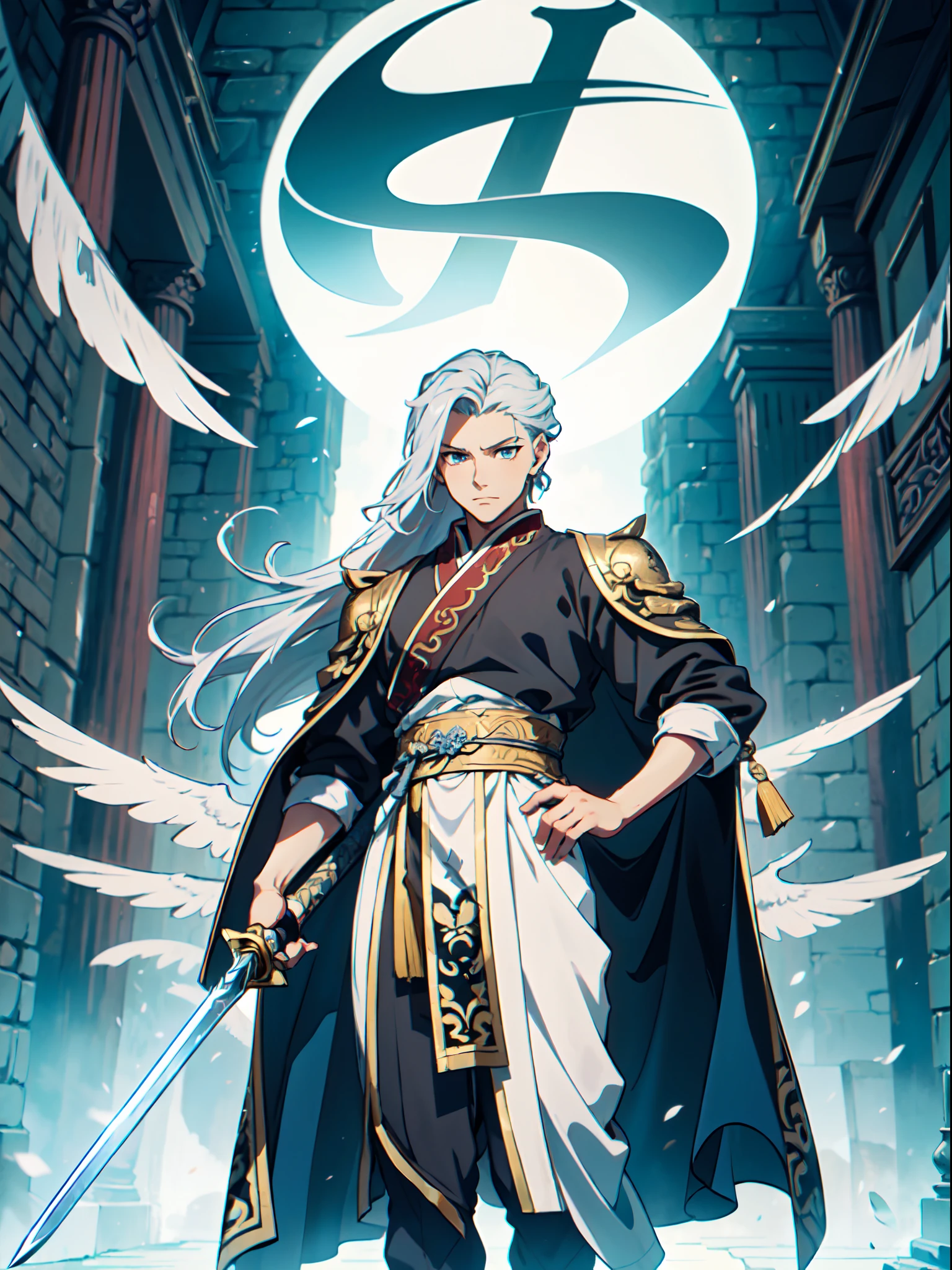 Ultra High Definition, Ultra High Quality, Extremely Detailed, Perfectly Detailed, Masterpiece, 8k, 1 Boy, Look A Like Xin From Kingdom Anime, Handsome, Equipped With Chinese Emperor Silk Clothes, Solid Light Blue Eyes, Long Silver Hair Tied, Holding A Perfectly Detailed Awesome Looking Swords, Full Body Shot, Masculine, Ancient Kingdom Background