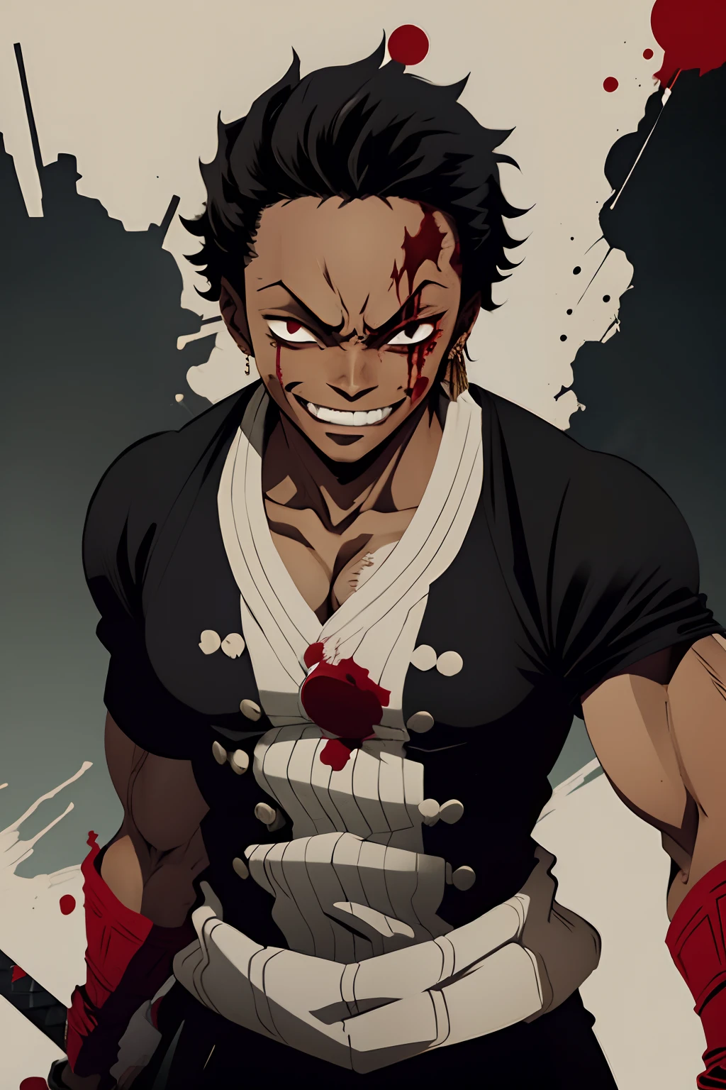 black young man, negro, black hair, zoro hairstyle, red sword, uniforme demon slayer, bleach pose, creepy smile, scary eyes, blood lust, blood