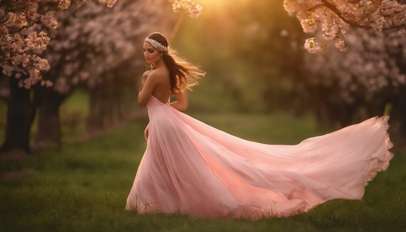 A woman in a light pink dress standing in a cherry forest, Artgerm, paisagem realista, Artgerm detalhado, olhos perfeitos, rosto perfeito, Ultra Detalhado, tiro de corpo inteiro, (Skindentation: 1.5), realista, realista, (obra-prima: 1.5), arte conceitual, detalhes intrincados, altamente detalhado, realista, octane rendering, 8K, motor irreal, dinamic pose, melhor qualidade, alta resolução, (rosto realista: 1.1), (hiper-realismo: 1.1) , ((full_body)), olhos perfeitos, (pele brilhante: 1.2), ((penteado))), ((perfect hands))), (fundo muito detalhado), ((dynamic background), ((lightning), (lightning), ((1girl)), Vestindo um manto, (((Manto de fluxo))), ((Olhos detalhados, Olhos de alta qualidade, Rosto de alta qualidade)), vestido rosa claro extremamente complexos, magical robes), casting lightning, eletricidade, spinning flame, radiation, spark, smoke, magia, (dramatic), epic, campo de batalha, profundidade de campo, bokeh, 4k, gotica, cinzas, particules --auto