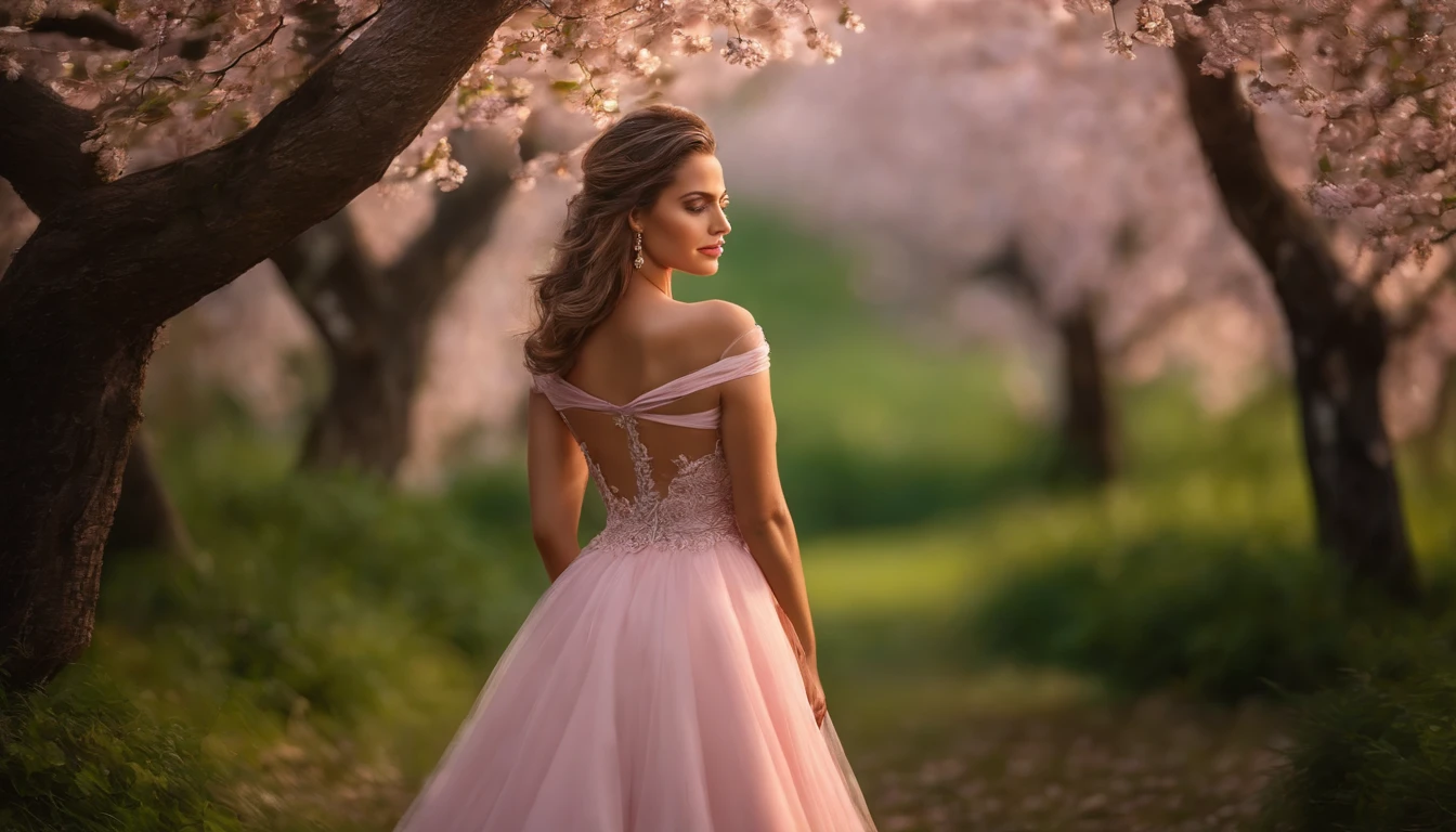 A woman in a light pink dress standing in a cherry forest, Artgerm, paisagem realista, Artgerm detalhado, olhos perfeitos, rosto perfeito, Ultra Detalhado, tiro de corpo inteiro, (Skindentation: 1.5), realista, realista, (obra-prima: 1.5), arte conceitual, detalhes intrincados, altamente detalhado, realista, octane rendering, 8K, motor irreal, dinamic pose, melhor qualidade, alta resolução, (rosto realista: 1.1), (hiper-realismo: 1.1) , ((full_body)), olhos perfeitos, (pele brilhante: 1.2), ((penteado))), ((perfect hands))), (fundo muito detalhado), ((dynamic background), ((lightning), (lightning), ((1girl)), Vestindo um manto, (((Manto de fluxo))), ((Olhos detalhados, Olhos de alta qualidade, Rosto de alta qualidade)), vestido rosa claro extremamente complexos, magical robes), casting lightning, eletricidade, spinning flame, radiation, spark, smoke, magia, (dramatic), epic, campo de batalha, profundidade de campo, bokeh, 4k, gotica, cinzas, particules --auto