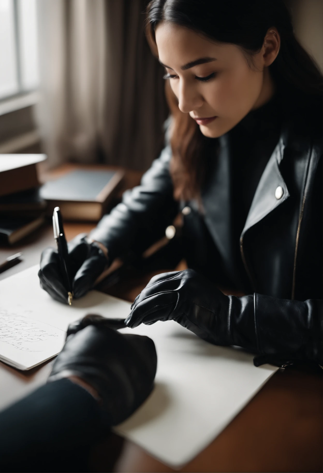 Wearing black leather gloves in both hands, upper body, black leather rider's jacket, facing the desk in the study, looking down and smiling, writing a letter using a fountain pen, black hair long straight, young Japanese woman (black leather gloves cover both hands)