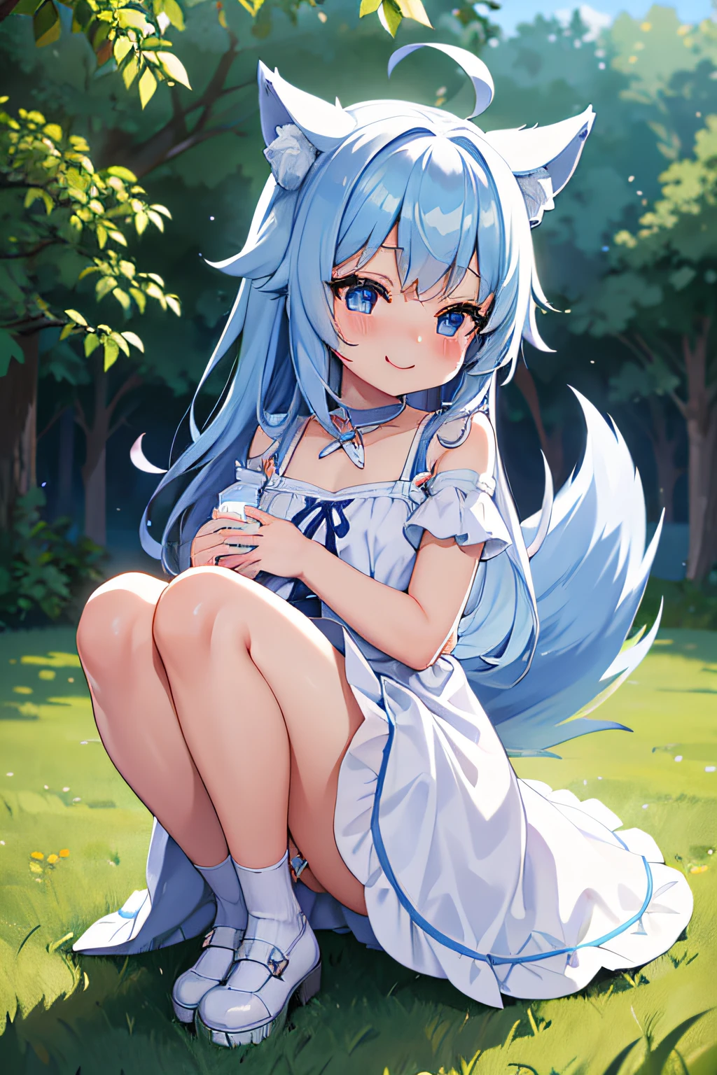 Super ultra happy cute girl, with wolf ears and blue hair, holding her cheeks, wolf tail, wearing a white summer dress, looking at veiwer, full body