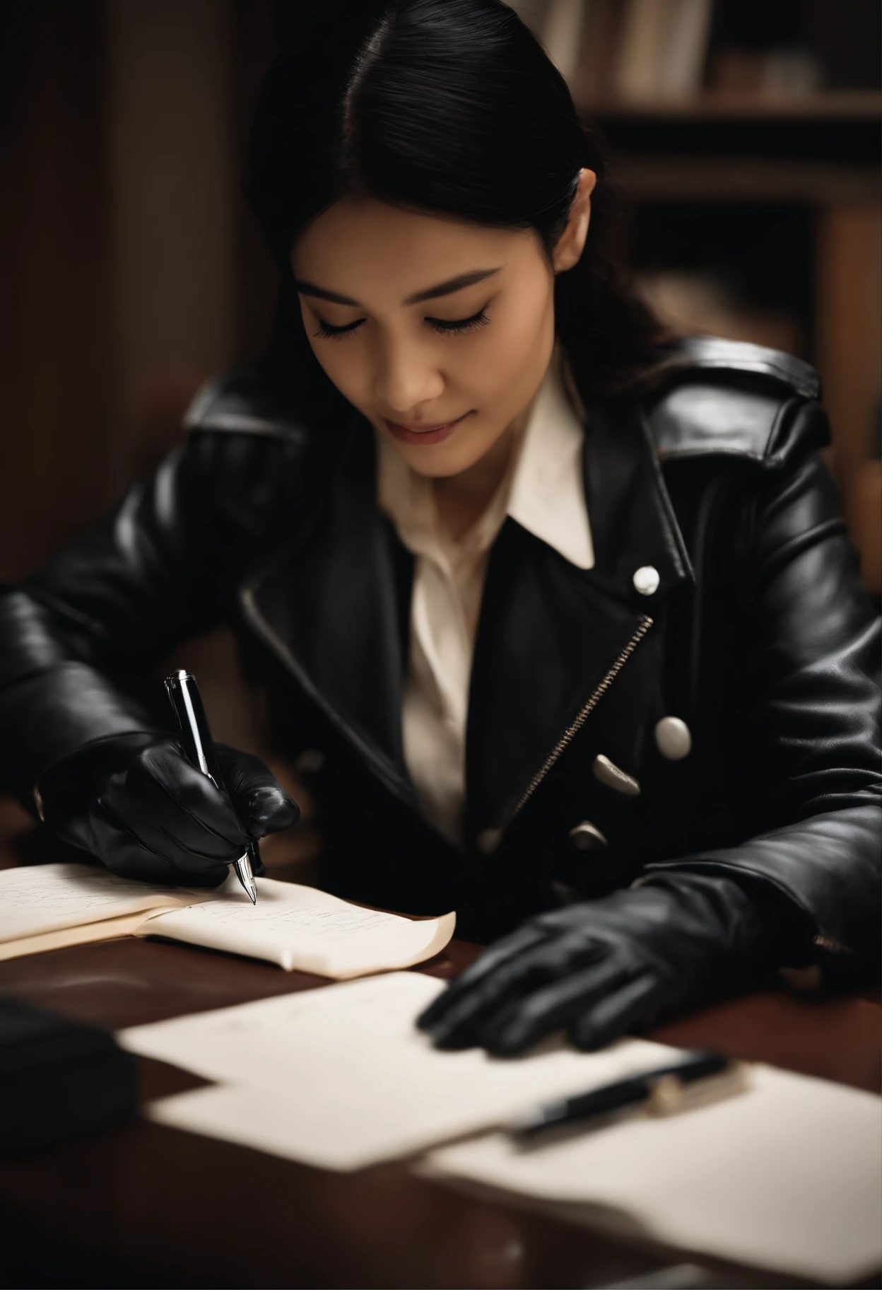 Wearing black leather gloves in both hands, upper body, black leather rider's jacket, facing the desk in the study, looking down and smiling, writing a letter using a fountain pen, black hair long straight, young Japanese woman (black leather gloves cover both hands)