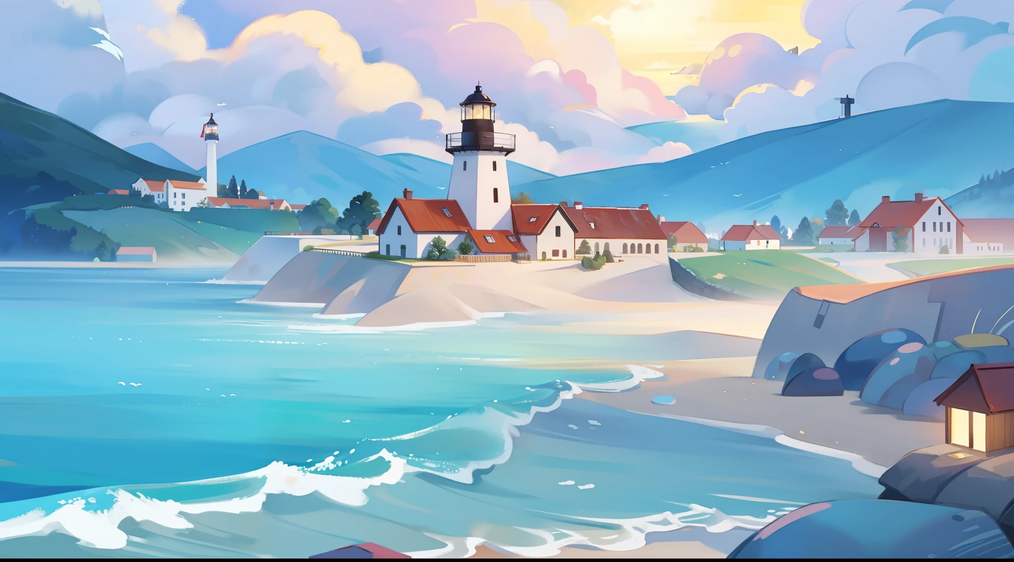 ocean fantasy, watercolor illustration, whimsical, warm colors, village, houses, huge lighthouse, ((masterpiece)), highly detailed environment