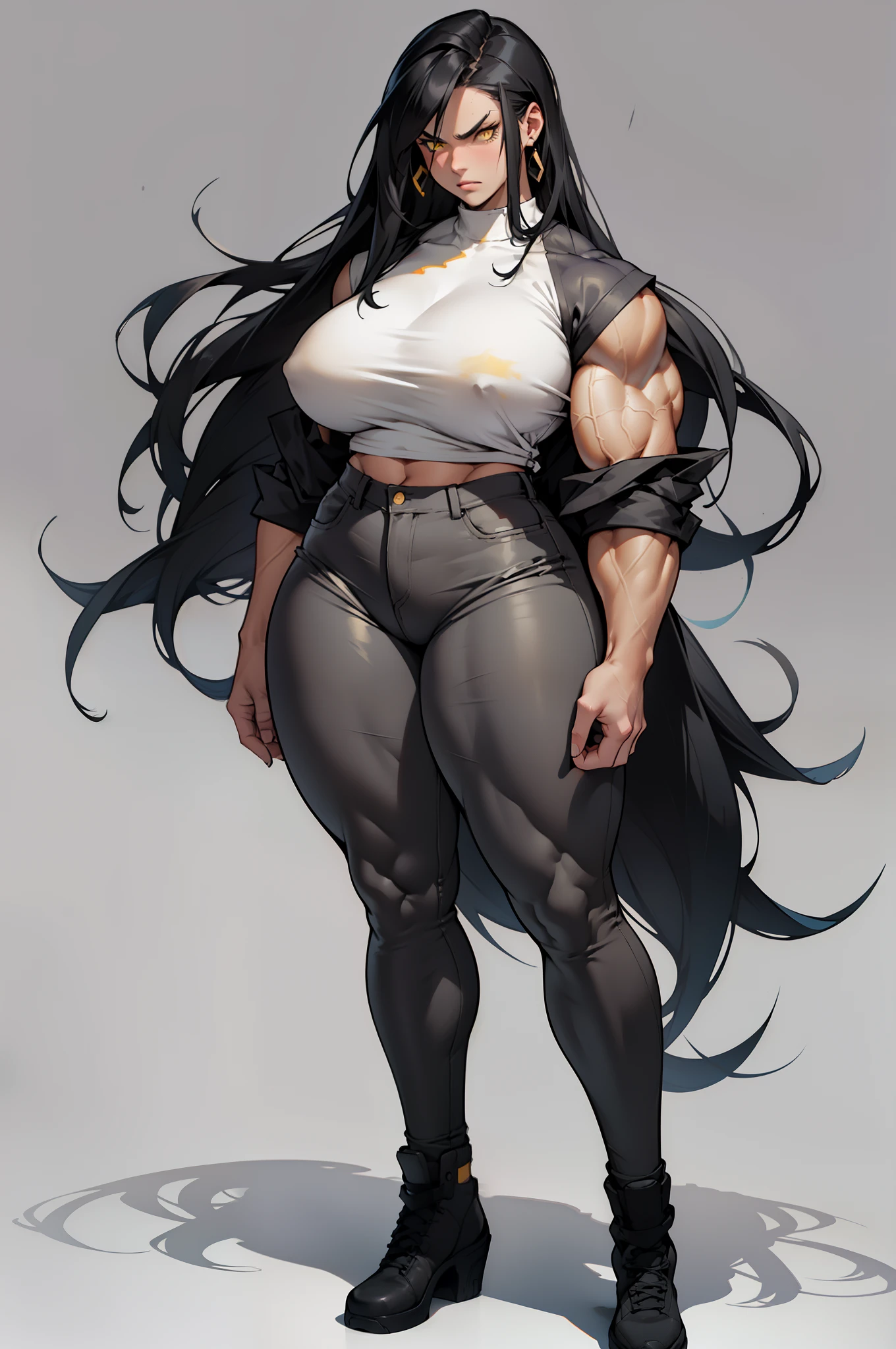 ((grey background)), solo, ((((1 girl)))), very long hair, black hair, angry, yellow eyes, (((((muscular))))), (huge tits), (thick thighs), (wide hips), (full body), pale skin, (tight shirt), (tight pants), standing, slick hair