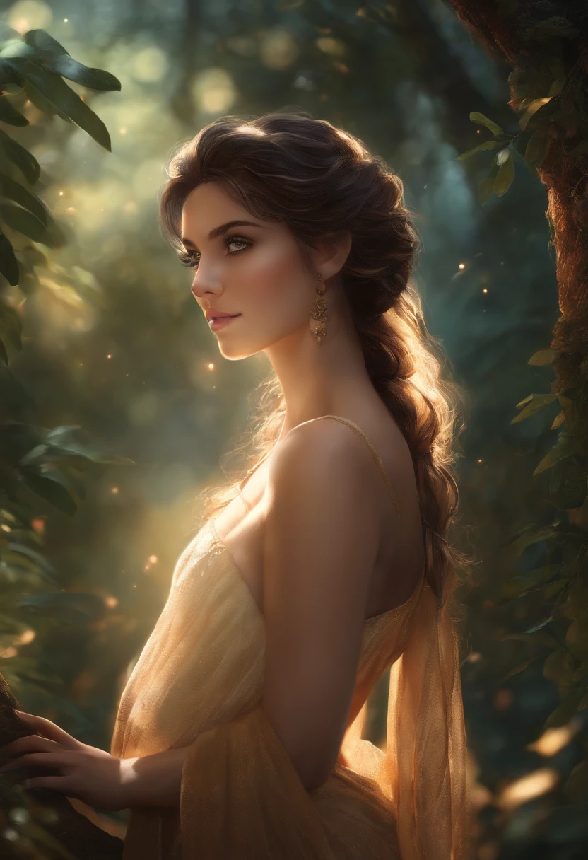 Morena,alto,corpo definido,Elfa,Cosmic Arc,floresta a tarde,Realistic features of the anime
