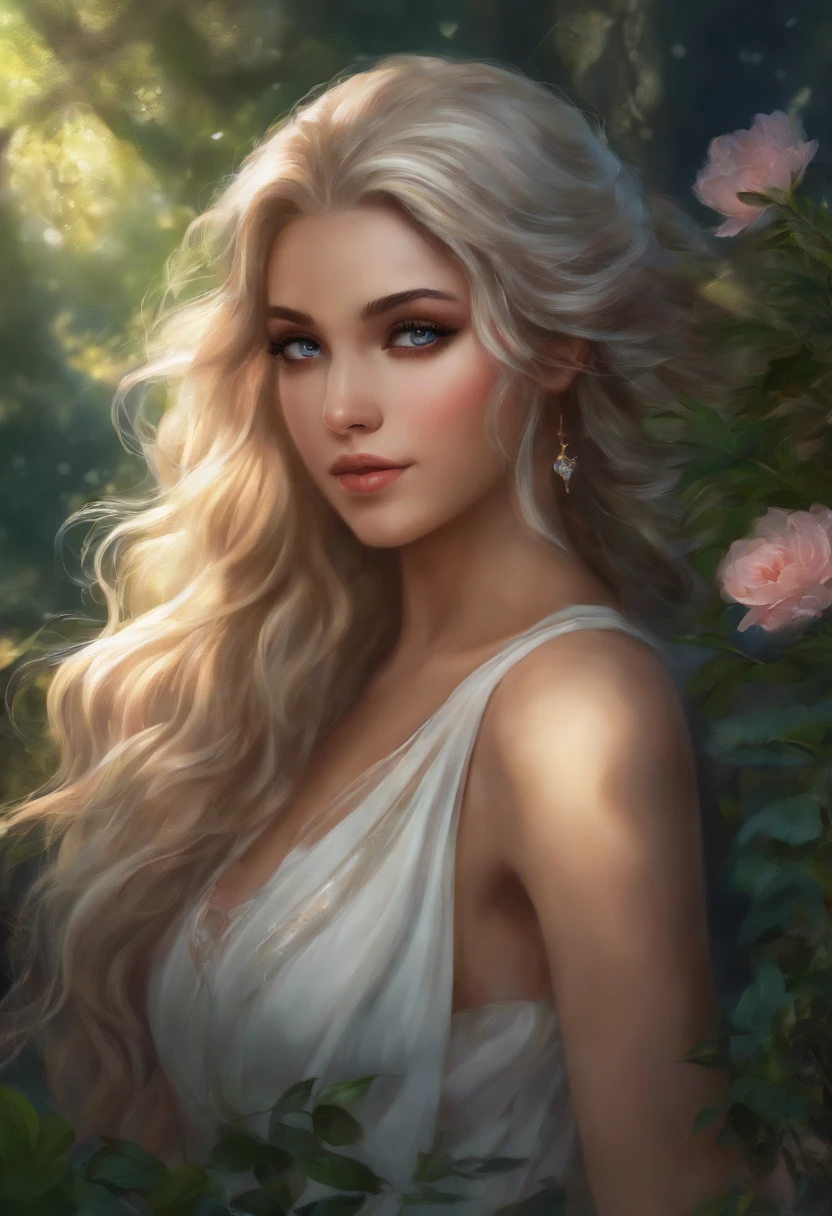 Morena,alto,corpo definido,Elfa,Cosmic Arc,floresta a tarde,Realistic features of the anime