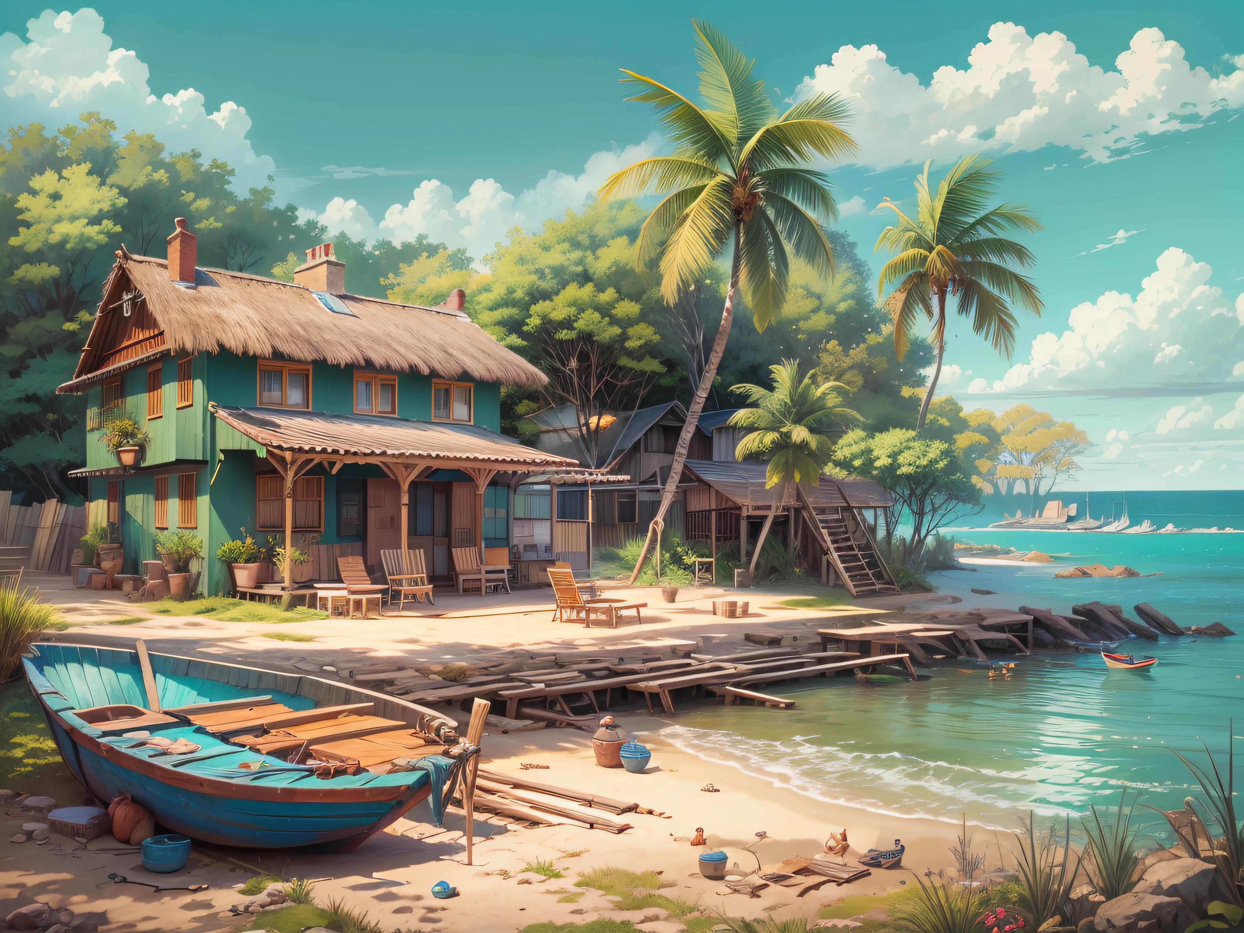 Seaside cottage, Blue sky, Nicaragua, small boats, the detail, 8k HD, best quality,ultra - detailed, Illustration,Best shadow,masterpiece,A high resolution,professional artwork,famous artwork