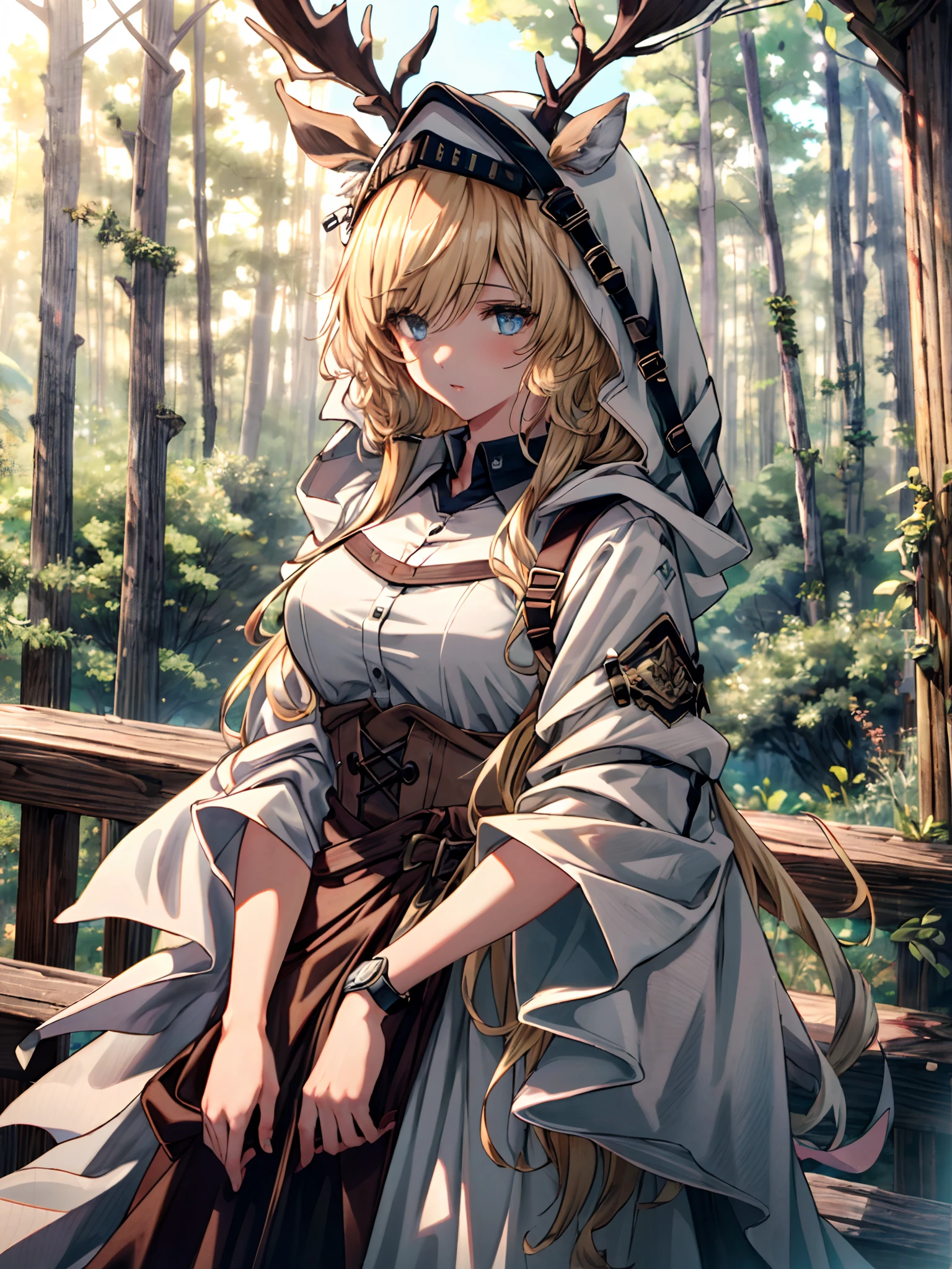 (((Masterpiece))),(incredibly_absurderes),(Best quality),(A high resolution),(Highly detailed),((CG unity 8k wallpaper)), ((Best quality)), 8K, high detal, Ultra-detailed, Detailed and intricate, 1girll, blond hairbl, shirt, River, forest, vivd colour,