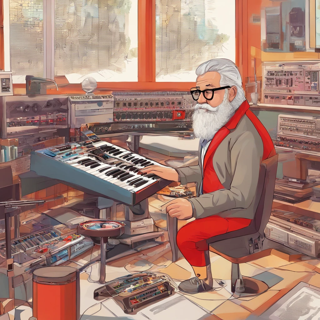 There is a 50-year-old music producer,The white beard is short, Short white hair, (slightly overweight), With glasses, Sit at a desk with keyboard and headphones, keyboardist, in his basement studio, Use a synthesizer, Trenin Art Station, sitting at desk at keyboard, Play electronic music, Trunking Art Station, blend, The music being played, Improvise music, Amazing illustration by Milton Kanife, duotone, Two colors, black and red, Drawing, Painting, ink, Masterpiece