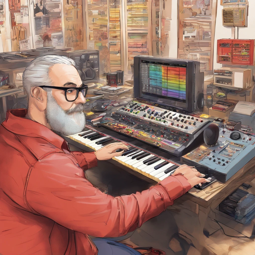 There is a 50-year-old music producer,The white beard is short, Short white hair, (slightly overweight), With glasses, Sit at a desk with keyboard and headphones, keyboardist, in his basement studio, Use a synthesizer, Trenin Art Station, sitting at desk at keyboard, Play electronic music, Trunking Art Station, blend, The music being played, Improvise music, Amazing illustration by Milton Kanife, duotone, Two colors, black and red, Drawing, Painting, ink, Masterpiece