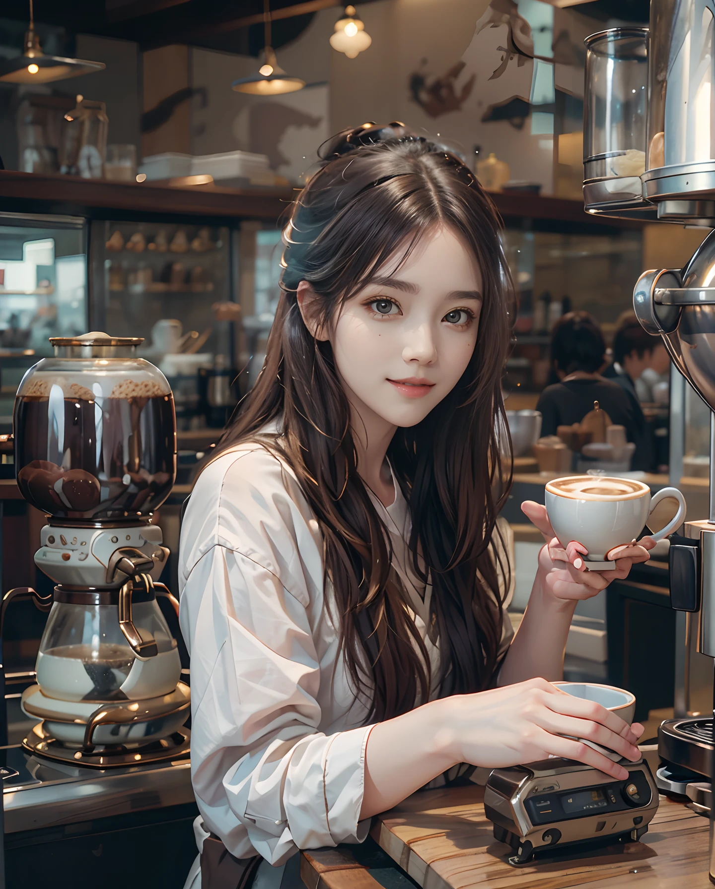 masutepiece、hight resolution、The coffee shop of the future、Woman making delicious coffee、25Year old girl、1Girl clerk、Looking at the camera、smil、Finish as shown in the photo、Coffee and beauty、the skin is white and beautiful、
