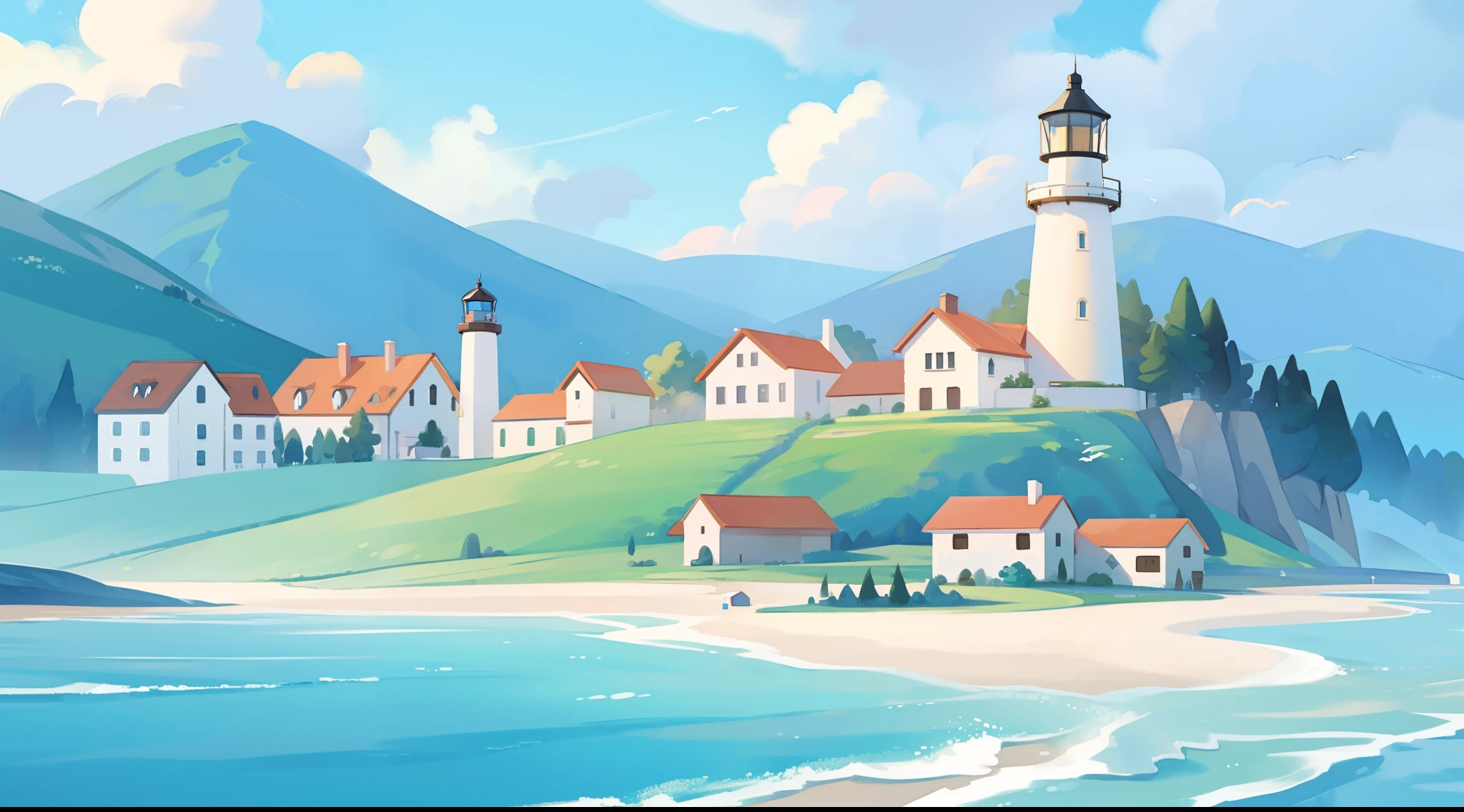 ocean fantasy, watercolor illustration, whimsical, warm colors, village, houses, huge lighthouse, ((masterpiece)), highly detailed environment