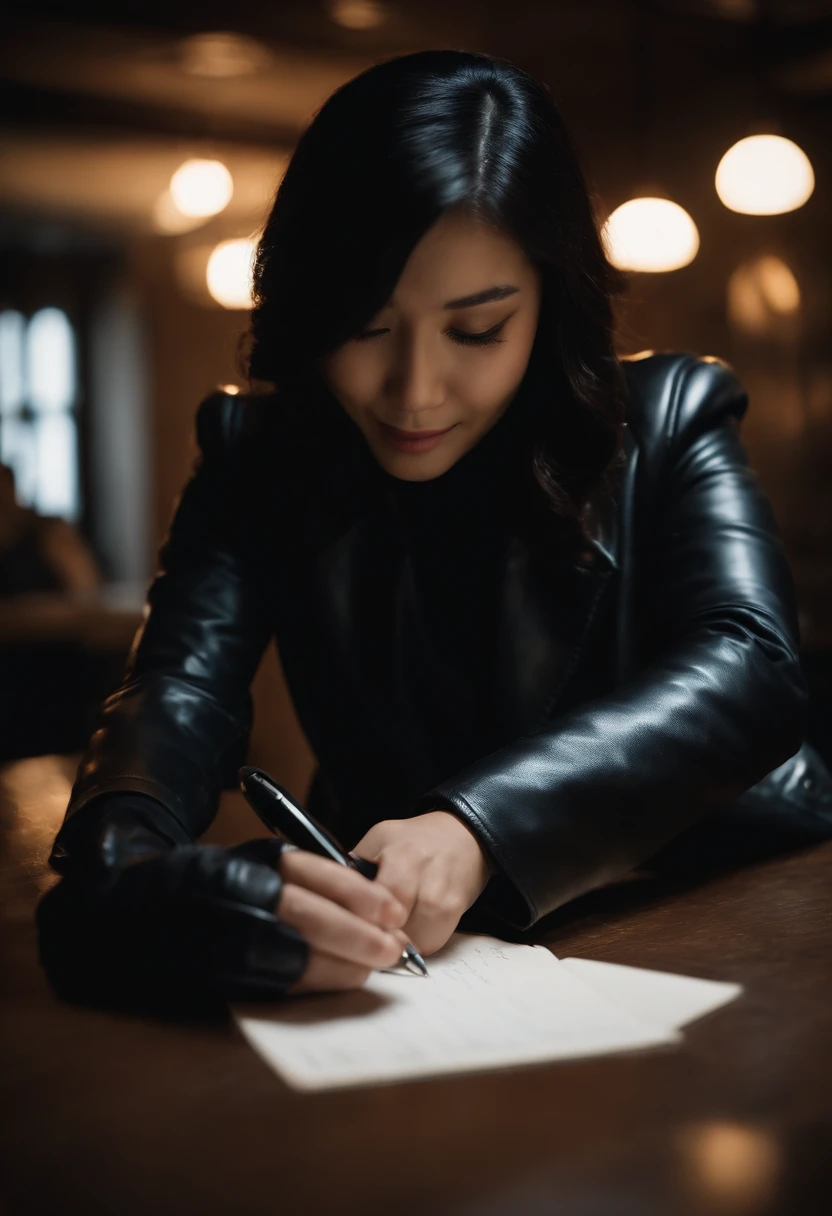 Wearing black leather gloves in both hands, upper body, black leather rider jacket, facing the desk in the dark study, looking down and smiling, writing a letter using a fountain pen, black hair long straight, young Japanese woman (black leather gloves cover both hands)