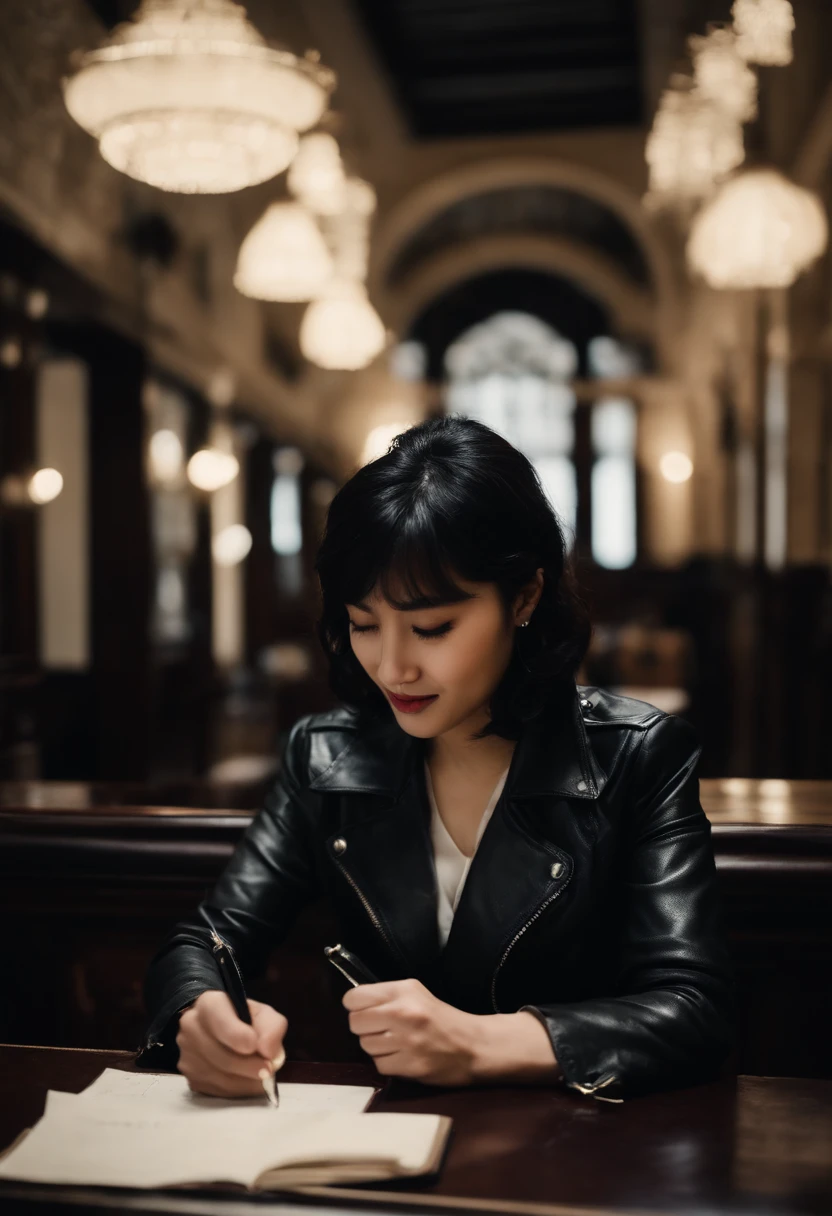 Wearing black leather gloves in both hands, upper body, black leather rider jacket, facing the desk in the dark study, looking down and smiling, writing a letter using a fountain pen, black hair long straight, young Japanese woman (black leather gloves cover both hands)