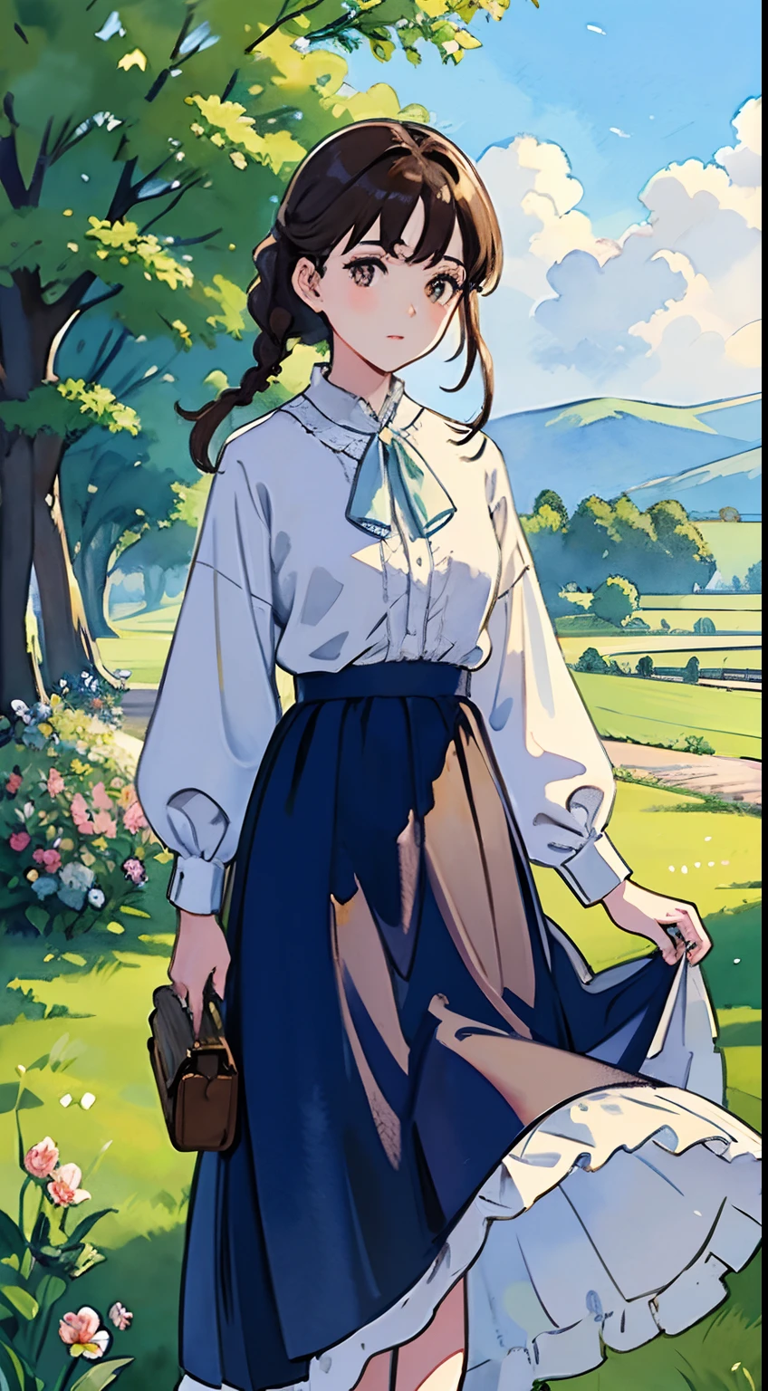 (Watercolor in Sargent style)、(top-quality、masterpiece)、Soft light、View of the Cotswolds,Old farmhouse、rivulets、flower bloom、One lady、dark brown hair、Braided hair、White blouse and long skirt、picnic、stand up、blown by the wind、