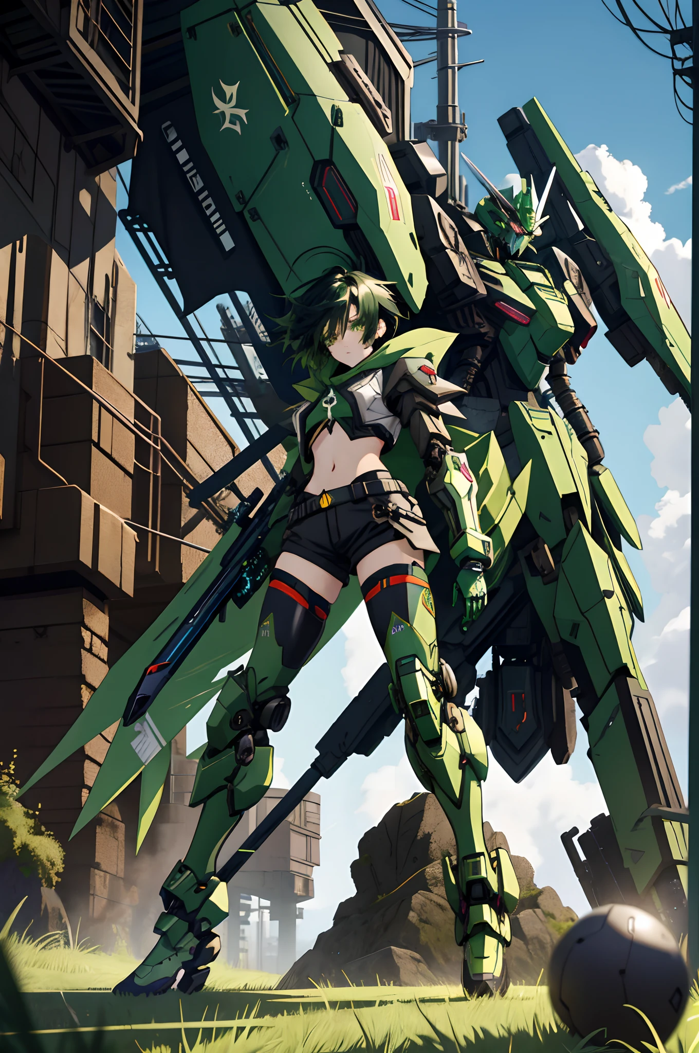 Anime girl standing on the ground,Black cape and green hair, rogue anime girl, the anime girl is crouching, Wearing a cloak on the blasted plain, asuka suit under clothes!, holy cyborg necromancer girl, badass posture, mechanic punk outfit, anime styled 3d, render of a cute 3d anime girl, gapmoe yandere grimdark, Female character,musculature,Glowing green eyes,Black hair with green gradient,short detailed hair,Bunched hair,Dull hair,(1.5)Tomboyish,Be red in the face,looking at viewert,There was a mech next to her,One-eyed mech,The mech extends its shield to protect her,Round shield,Humanoid mech,Elaborate Eyes,The left leg is mechanical,Combat posture,Green bandeau,Black hot pants,Tall girls,By mecha,Mermaid line,huge tit,1.5