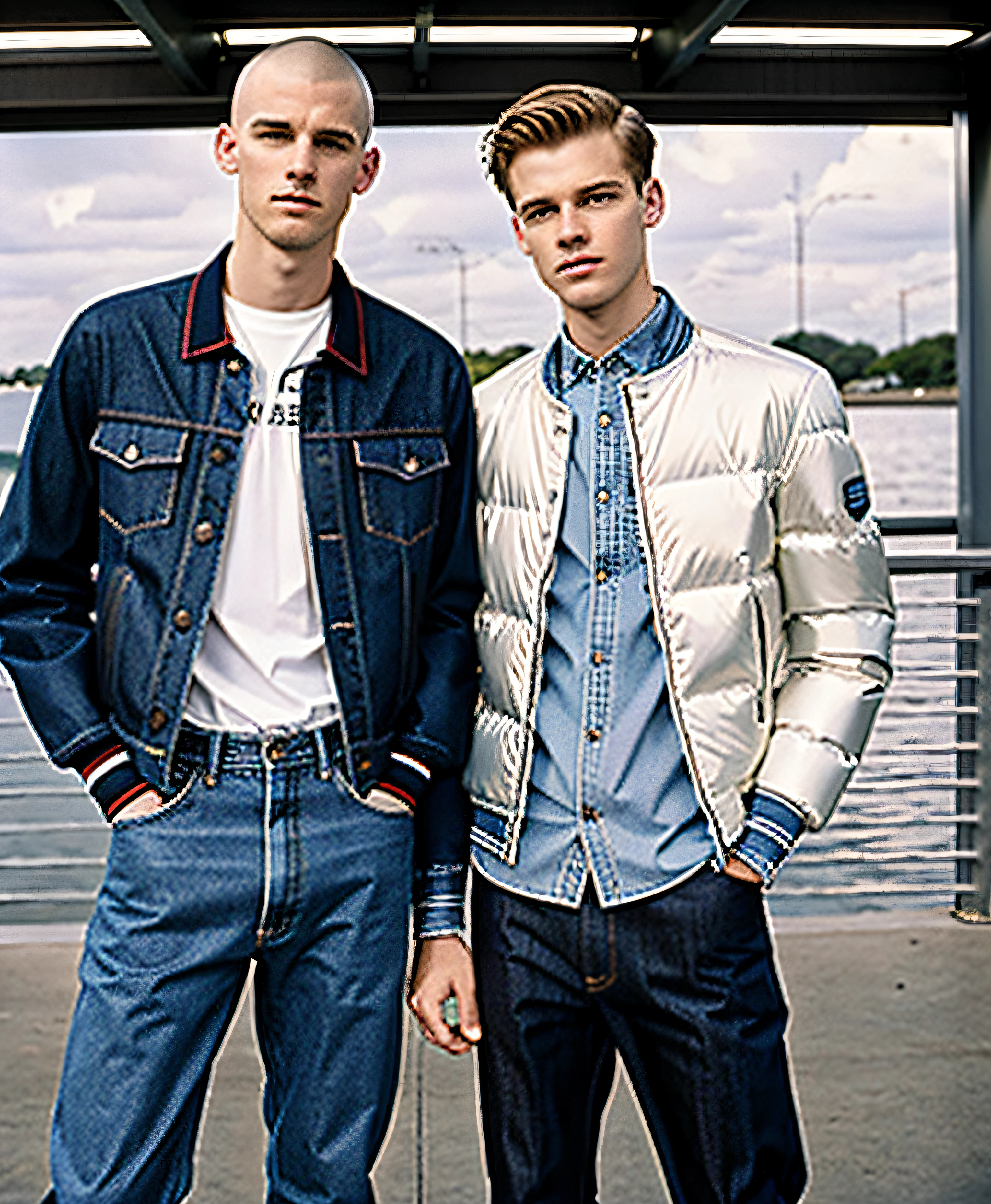 Twins together Photography still 90s indie movie, ung man 20 years old, balenciaga jacket men's puffer white color, hair skin head ginger, slim jeans, magazine cover photo, (35mmstyle: 1.1), masterpiece, high frequency details, 35mm film, (film grain), film noise, lighting, daylight, solar lighting, menswear editorial photo, Realistic