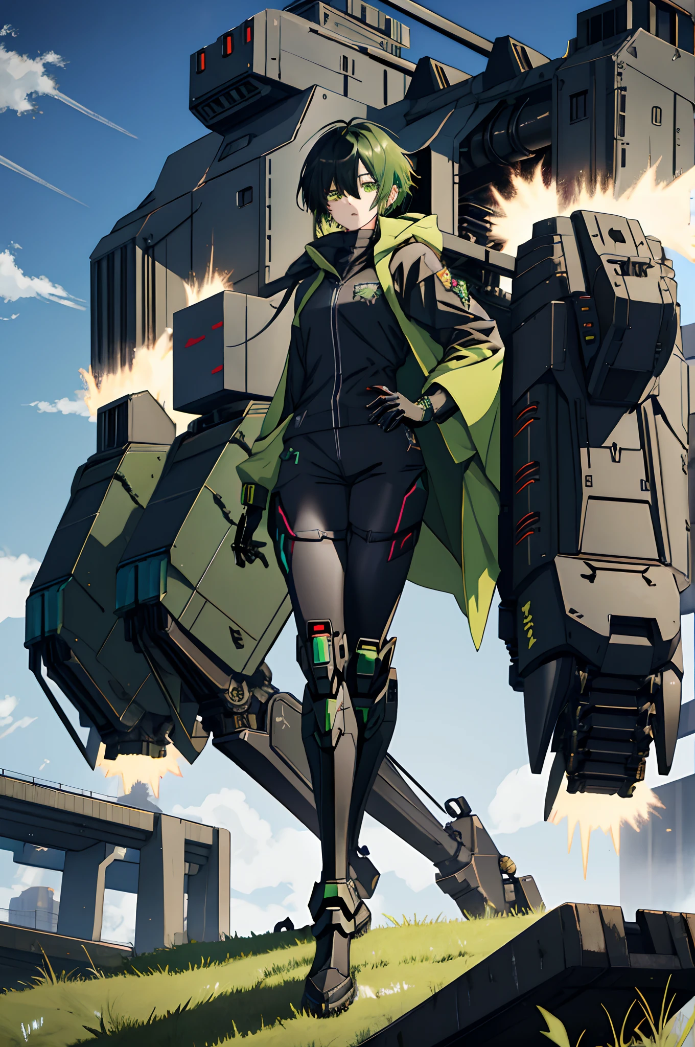 Anime girl sitting on the ground,Black cape and green hair, rogue anime girl, the anime girl is crouching, Wearing a cloak on the blasted plain, asuka suit under clothes!, holy cyborg necromancer girl, badass posture, mechanic punk outfit, anime styled 3d, render of a cute 3d anime girl, gapmoe yandere grimdark, Female character,musculature,Abs,Glowing green eyes,Black hair with green gradient,short detailed hair,Bunched hair,Dull hair,(1.5),Tomboyish,Be red in the face,looking at viewert,There was a mech next to her,One-eyed mech,The mech stretched out its wings to protect her,Mecha Dragon,Black color mecha,The mech came out of the hole,Elaborate Eyes,Black mechanical legs,There is a hole in the wall,Mecha slash,huge tit,1.5