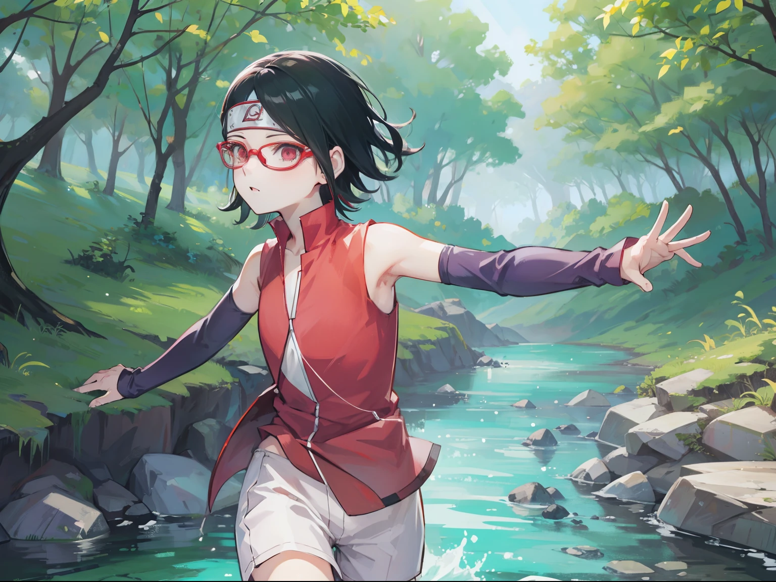 ((Sarada uchiha, armpit, naked, , forest, river))