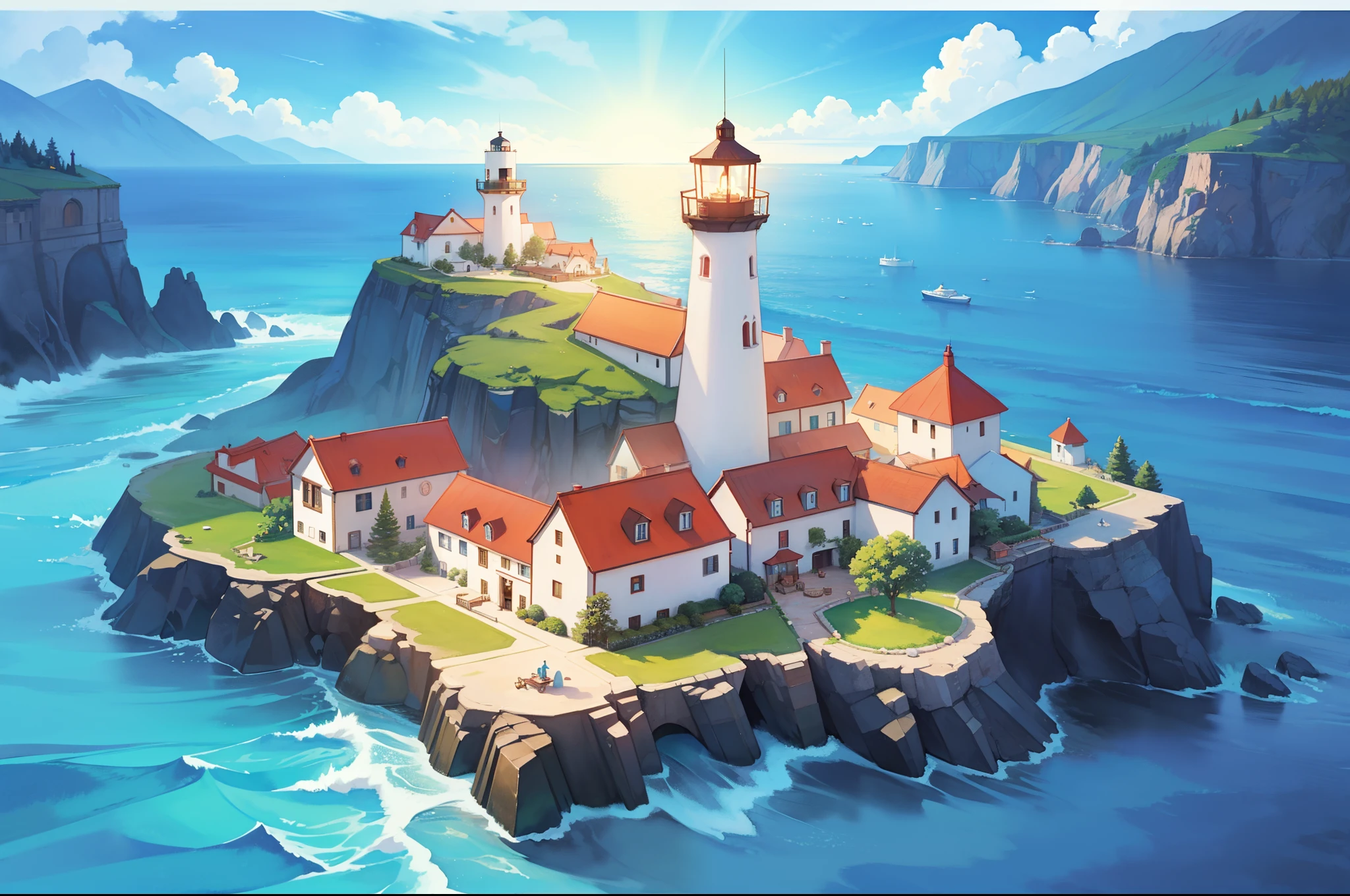 ocean fantasy, watercolor illustration, whimsical, warm colors, village, houses, huge lighthouse, ((masterpiece)), highly detailed environment