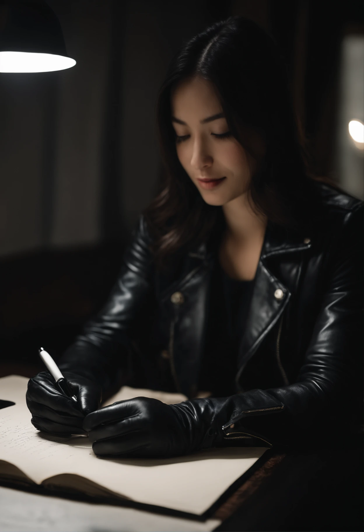 Wearing black leather gloves in both hands, upper body, black leather rider jacket, facing the desk in the dark study, looking down and smiling, writing a letter using a fountain pen, black hair long straight, young Japanese woman (black leather gloves cover both hands)