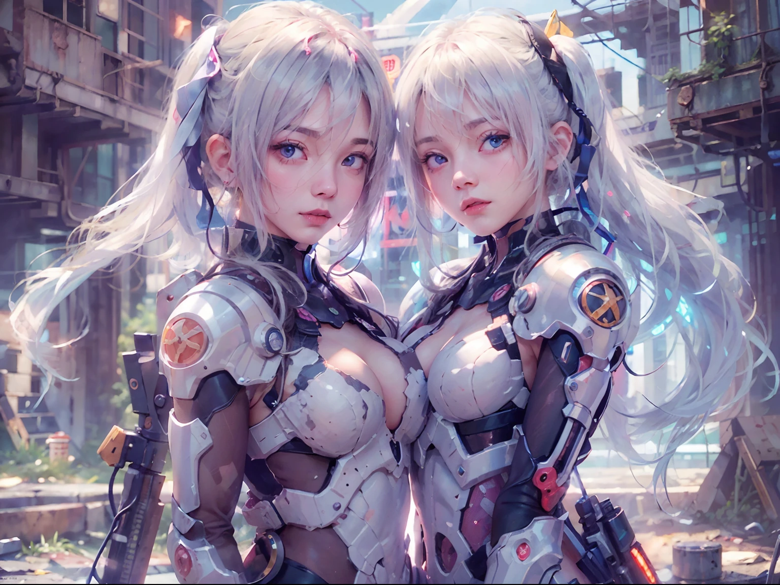 nsfw, 2girls, nude, twin girls, cyberpunk, mecha armor, mechanical, (masterpiece: 1.4), (8K, realistic, raw photo, best quality: 1.4), nipple areola shape clear, Japanese girl, beautiful cute face, (real face: 1.4), perfect pussy, beautiful hairstyle, realistic blue eyes, beautiful detail eyes, (real skin: 1.3), beautiful skin, attractive, ultra high resolution, ultra realistic, city ruins, post apocalyptic world, cinematic lighting, white colored hair, long hair, twin ponytails, blue ribbons, angry face, weapon in hands, futuristic fantasy, legs open, bottom_view, battle pose