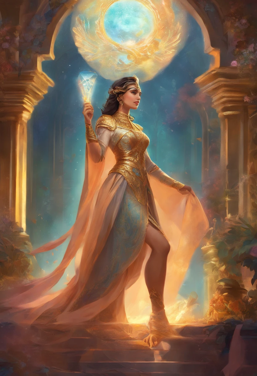 woman , sea blue eyes  , pink mouth ,Dressed in gold, standing in front of a crescent moon., goddess of heaven, , anime goddess, beautiful heavenly mage, Goddess, Golden Lotus Princess  , Fine gold jewelry