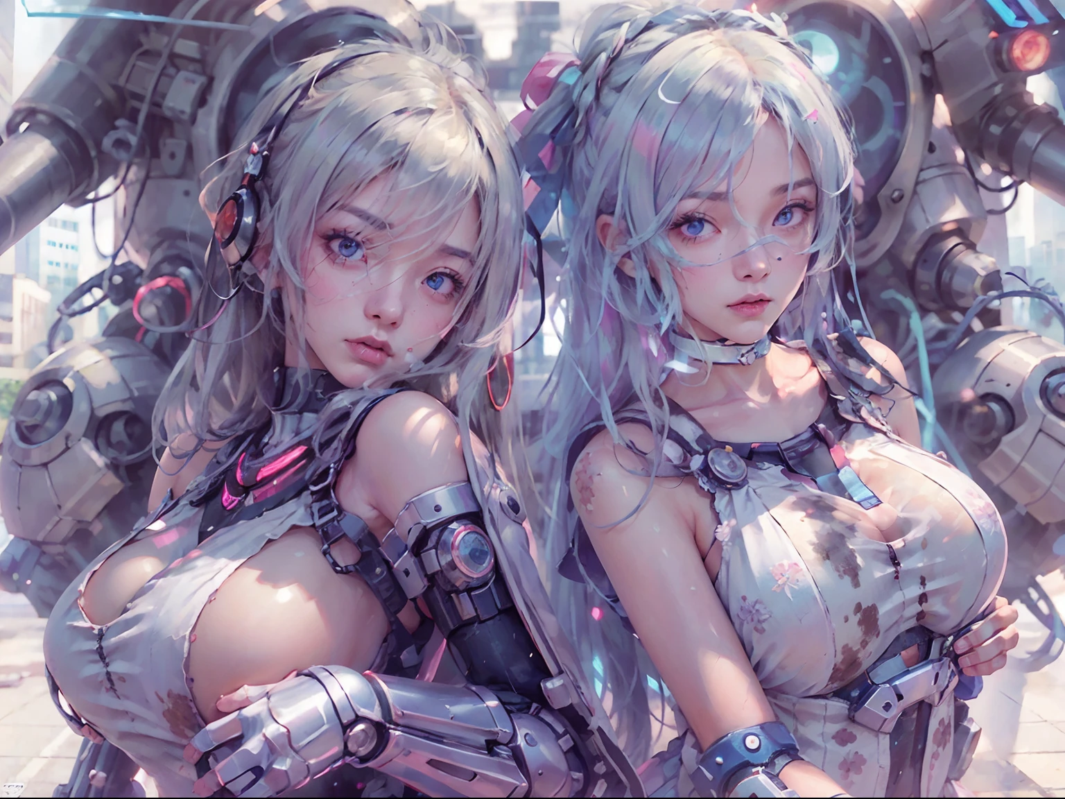 nsfw, 2girls, nude, twin girls, cyberpunk, mecha armor, mechanical, (masterpiece: 1.4), (8K, realistic, raw photo, best quality: 1.4), nipple areola shape clear, Japanese girl, beautiful cute face, (real face: 1.4), perfect pussy, beautiful hairstyle, realistic blue eyes, beautiful detail eyes, (real skin: 1.3), beautiful skin, attractive, ultra high resolution, ultra realistic, city ruins, post apocalyptic world, cinematic lighting, white colored hair, long hair, twin ponytails, blue ribbons, angry face, weapon in hands, futuristic fantasy, legs open, bottom_view, battle pose