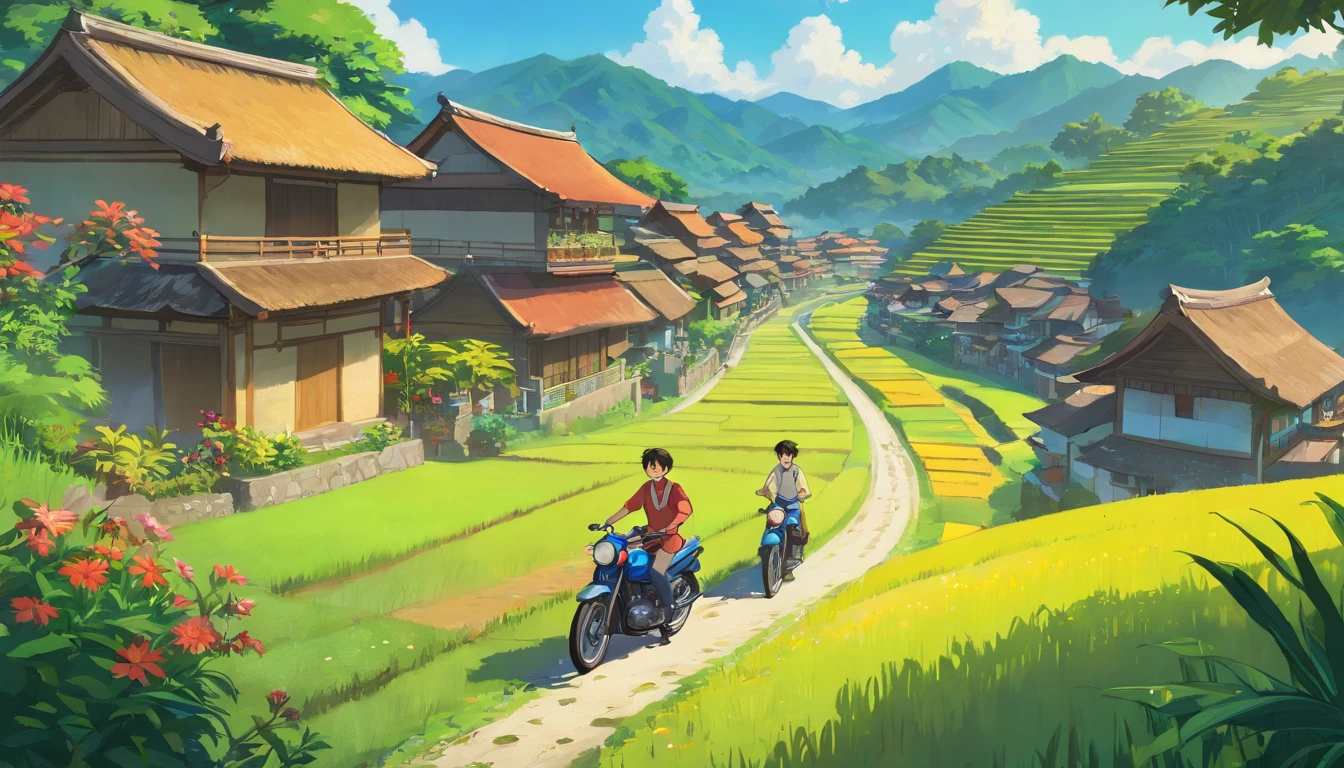 A teenage boy with his 2 friends, playing around the village in Indonesia with old japan motorcycle,illustration,detailed,friends,fun-filled,joyful,exotic landscapes,vibrant colors,traditional houses,beautiful flowers and plants,cultural diversity,clear blue sky,warm sunlight,peaceful atmosphere,authentic experience,local traditions and customs,breathtaking sceneries,backdrop of mountains and rice terraces,happy memories,(best quality,4k,8k,highres,masterpiece:1.2),ultra-detailed,(realistic,photorealistic,photo-realistic:1.37),HDR,UHD,studio lighting,extreme detail description,professional,bokeh,portraits,landscape,photography,vivid colors,summer vibes,harmonious composition. The prompts generated in this way can produce a high-quality image depicting a few friends playing in a garden in the natural scenery of rural Indonesia。