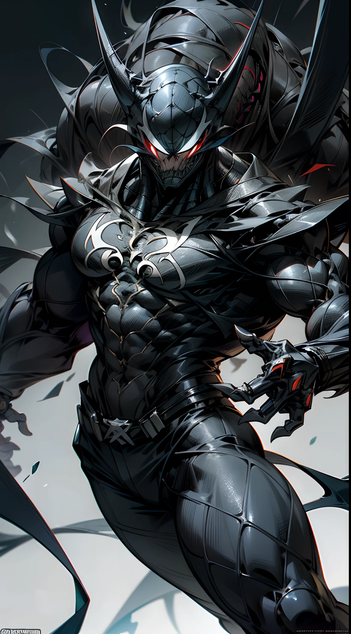 "Depiction of the amazing Venom Spider-Man symbiote merging with a powerful and muscular cyborg, Show your jaw and charming and powerful presence."