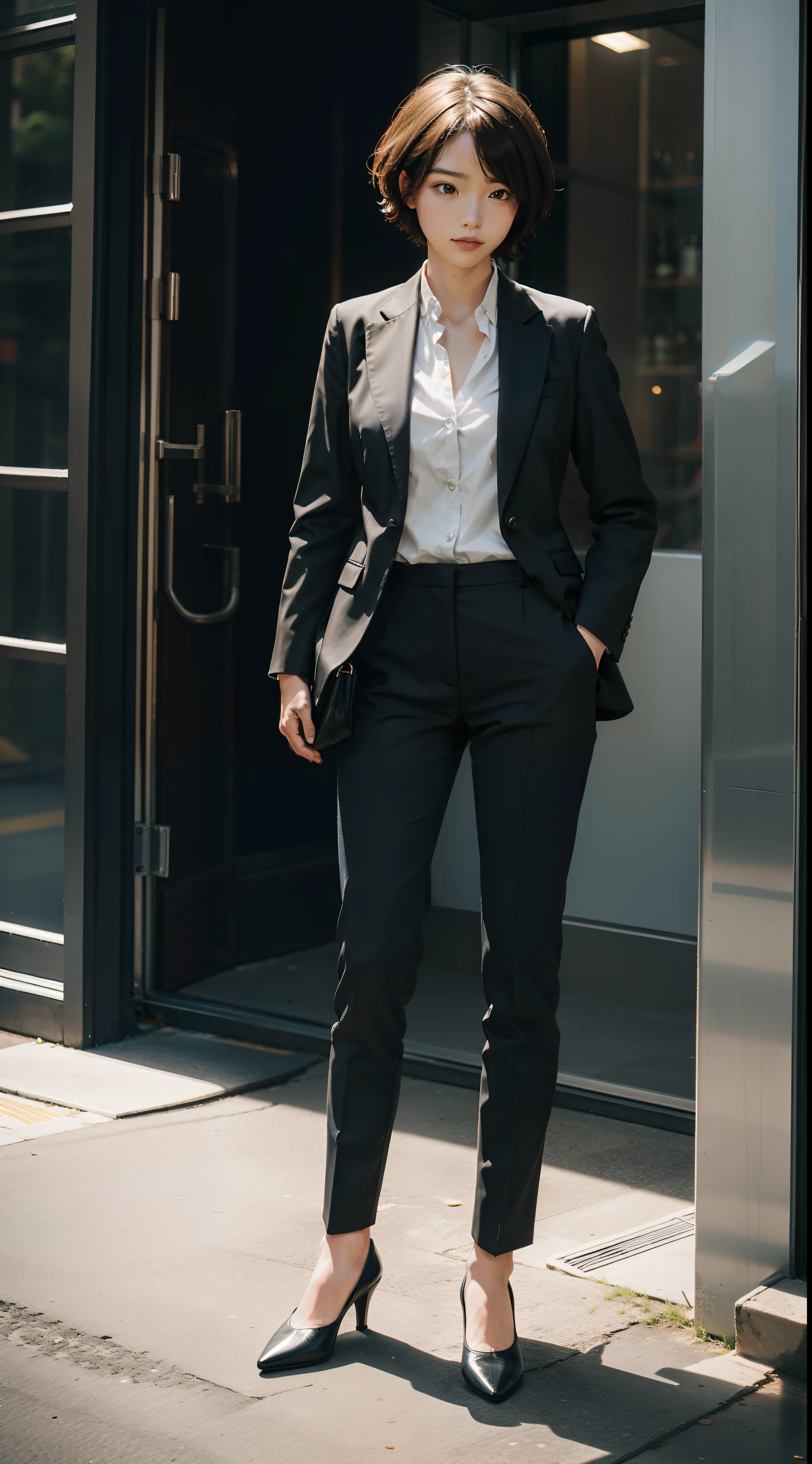 Realistical girl, short hair, suit, standing, full body