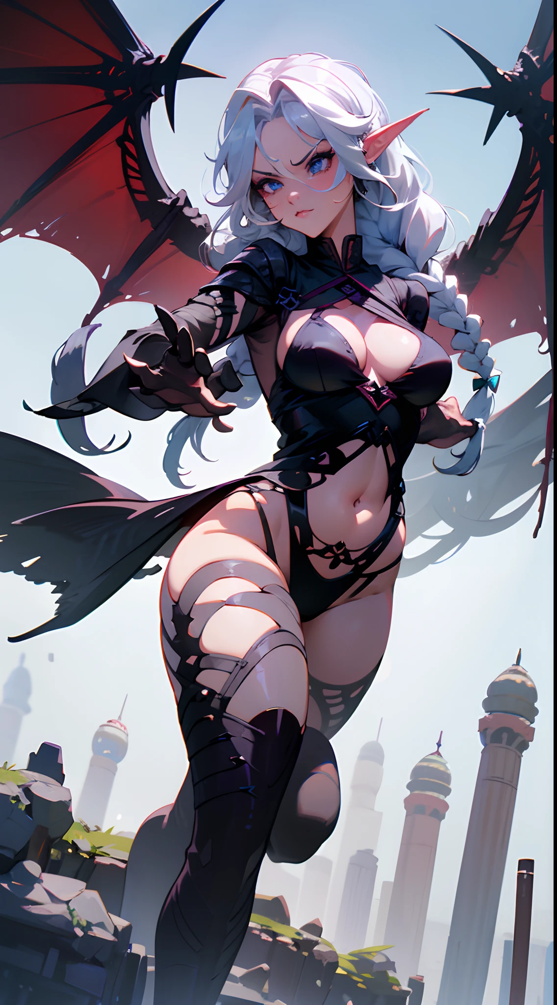 1woman,solo,40s,serious face,black lingerie,, white hair,long hair,braids,black dragon wings,sexy,blue eyes,elves ears,pantyhoses,show belly,masterpiece,4k,hd,flying in the sky,detailed face,focus on face