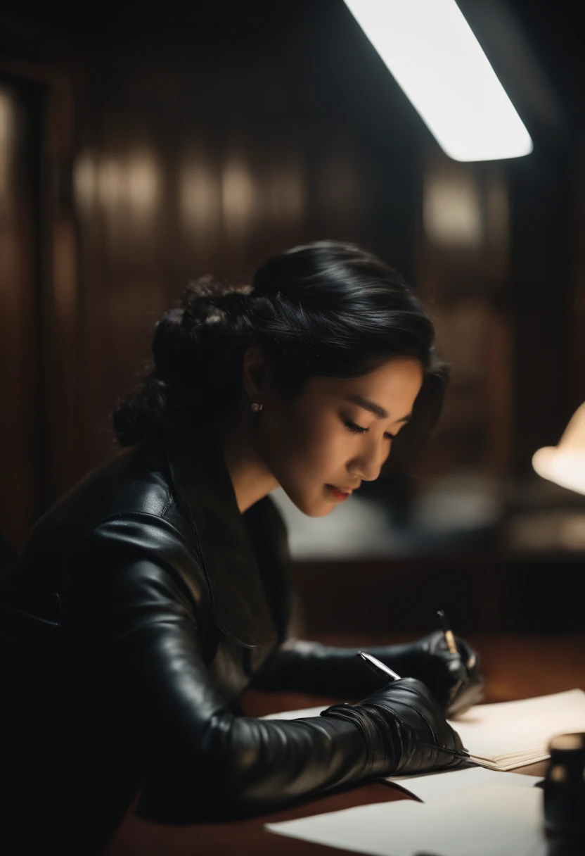 Wearing black leather gloves in both hands, upper body, black leather rider jacket, facing the desk in the dark study, looking down and smiling, writing a letter using a fountain pen, black hair long straight, young Japanese woman (black leather gloves cover both hands)